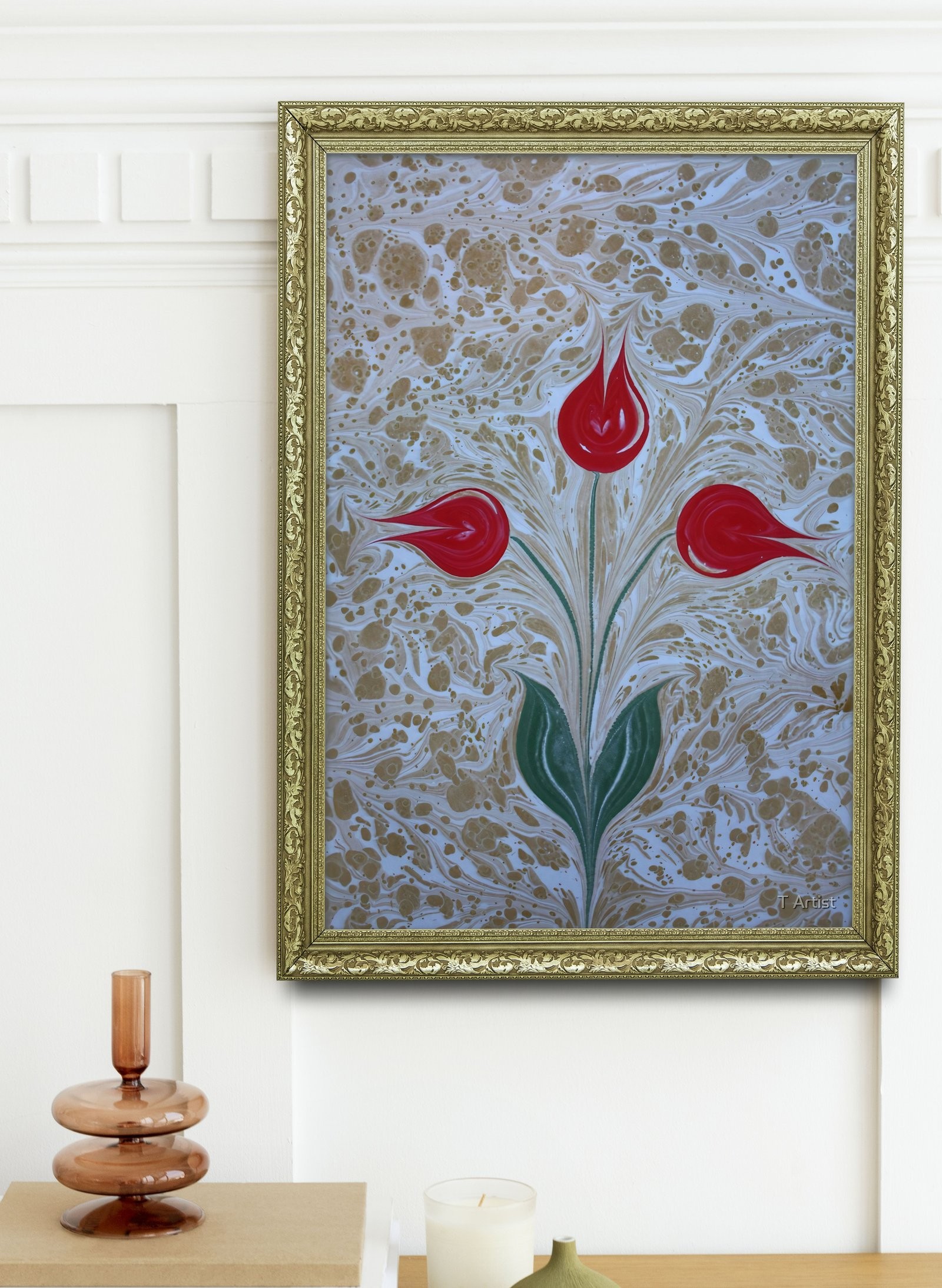 Bej Zemin Üzerinde Kırmızı Laleler Ebru 60x80 cm Çerçeveli Tablo