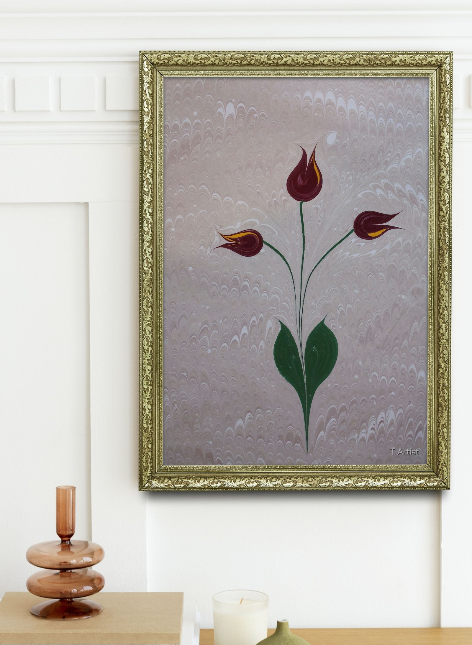 Krem Zemin Üzerinde Bordo Laleler Ebru 60x80 cm Çerçeveli Tablo