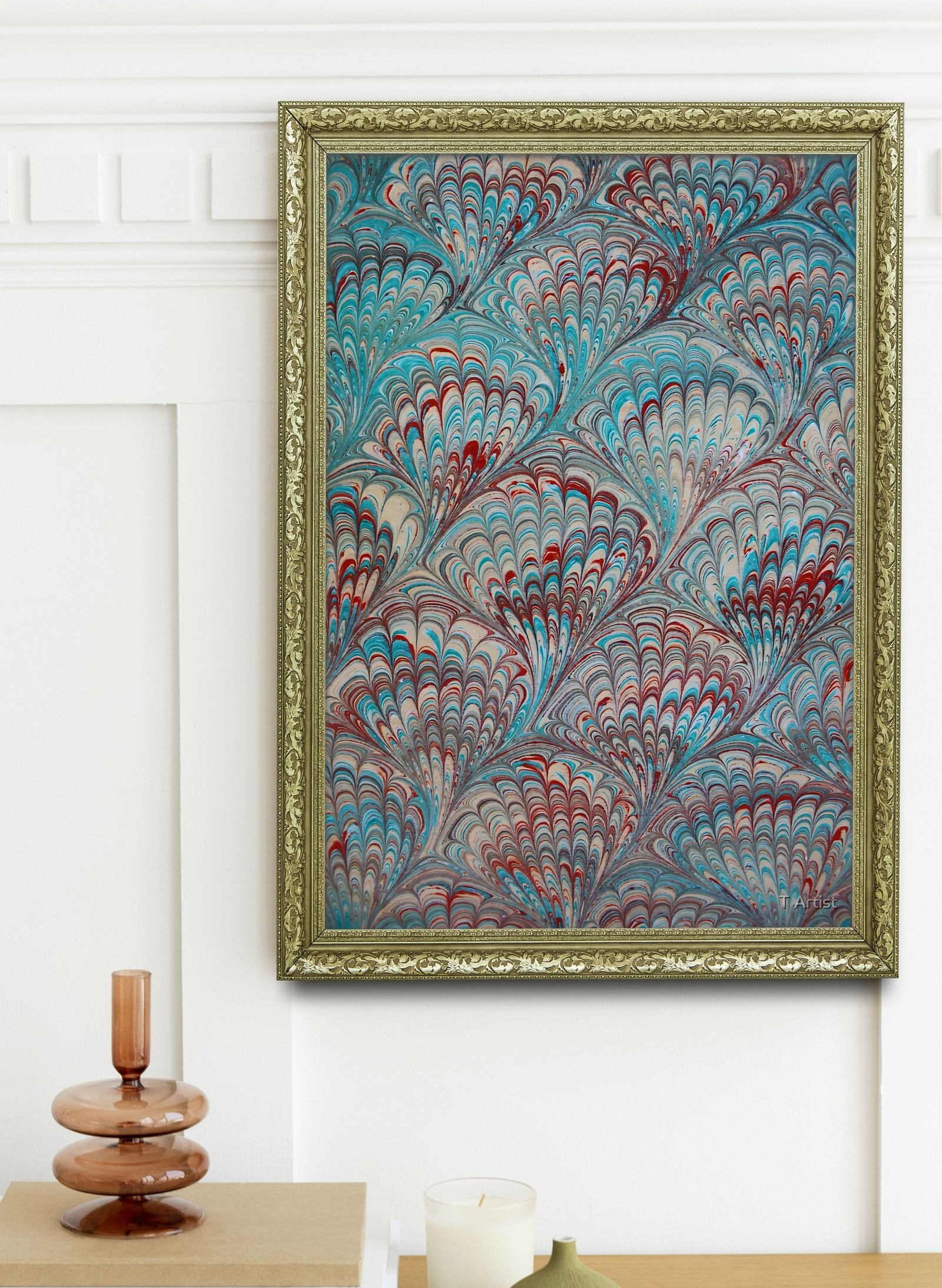 Turkuaz ve Kırmızı Damarlı Ebru 60x80 cm Çerçeveli Tablo
