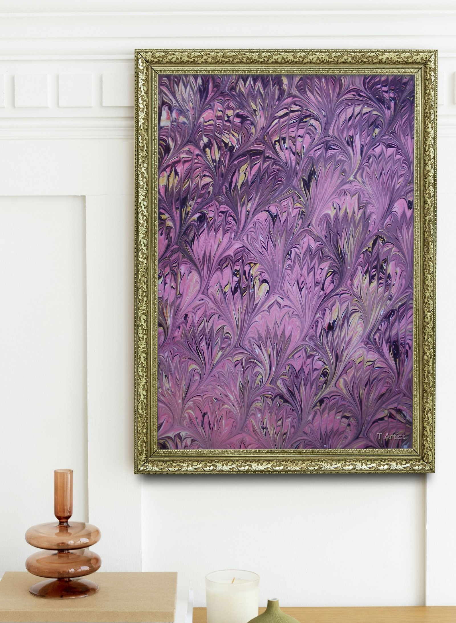 Mor Tonlarda Desenli Ebru 60x80 cm Çerçeveli Tablo