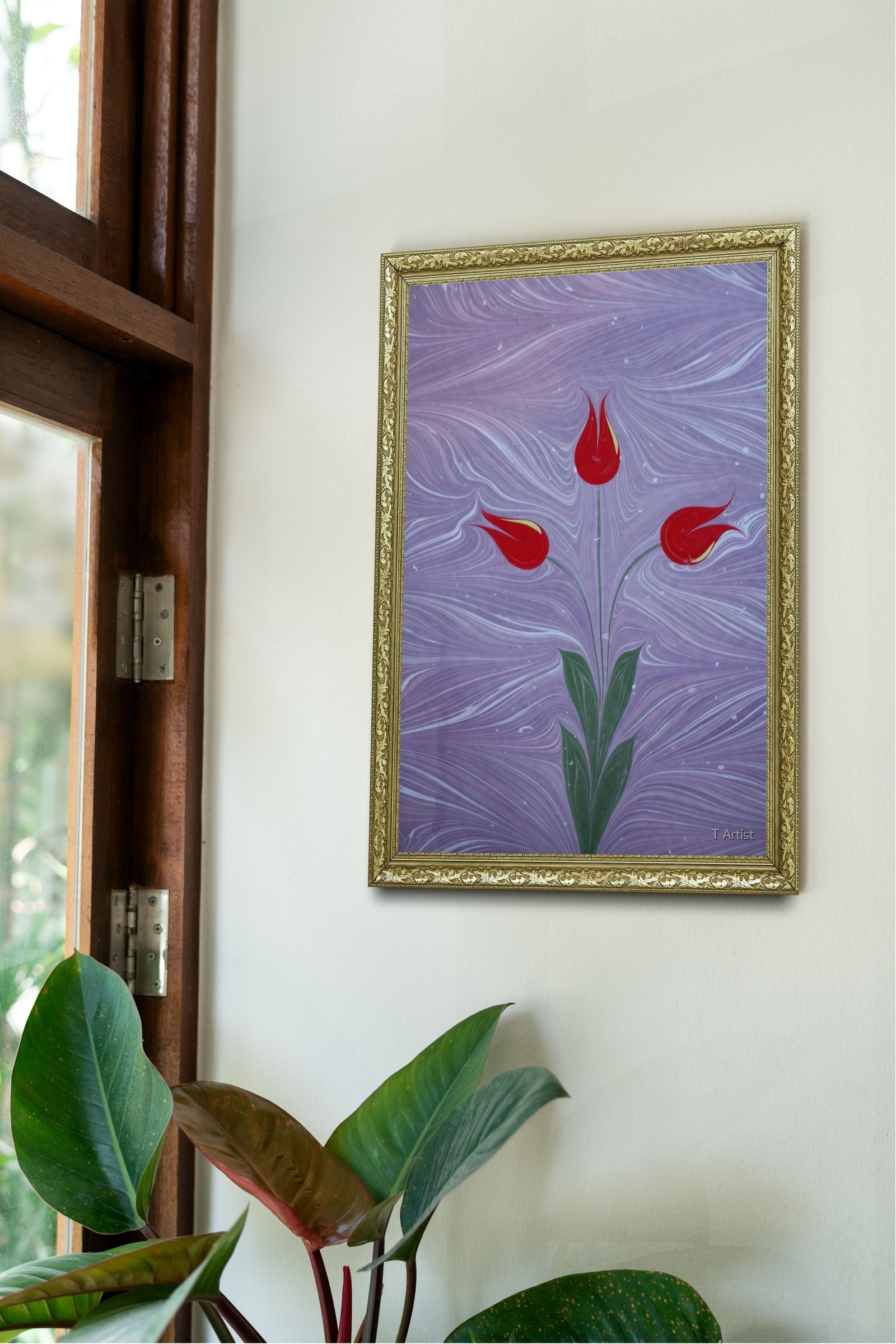 Lila Zemin Üzerinde Üç Lale Ebru 60x80 cm Çerçeveli Tablo