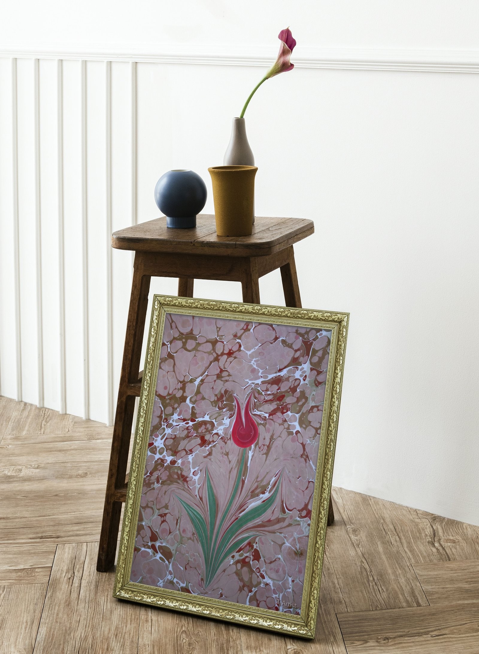 Kahverengi Zemin Üzerine Tek Kırmızı Lale 60x80 cm Çerçeveli Tablo