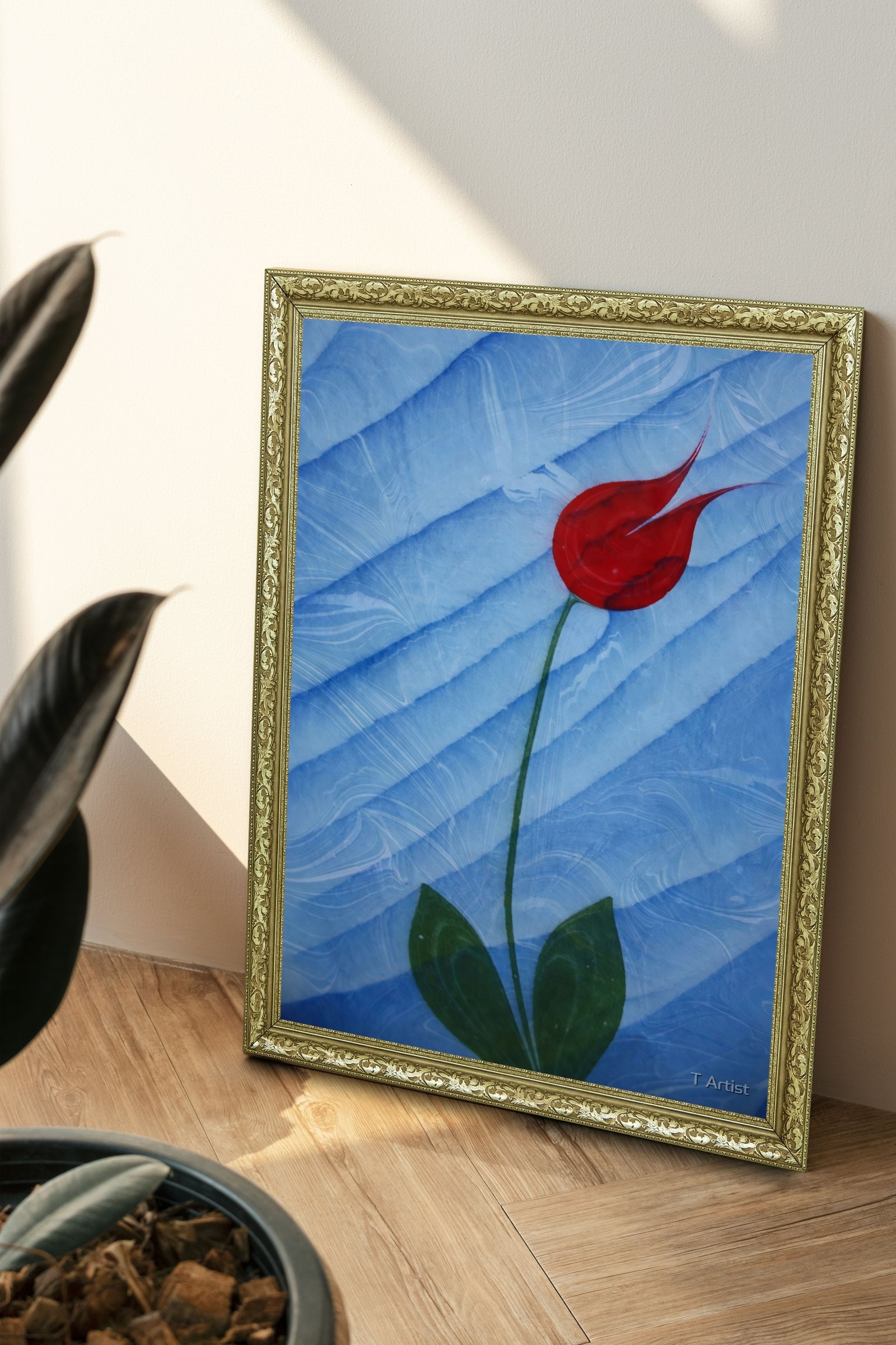 Mavi Zemin Üzerine Tek Kırmızı Lale Ebru 60x80 cm Çerçeveli Tablo