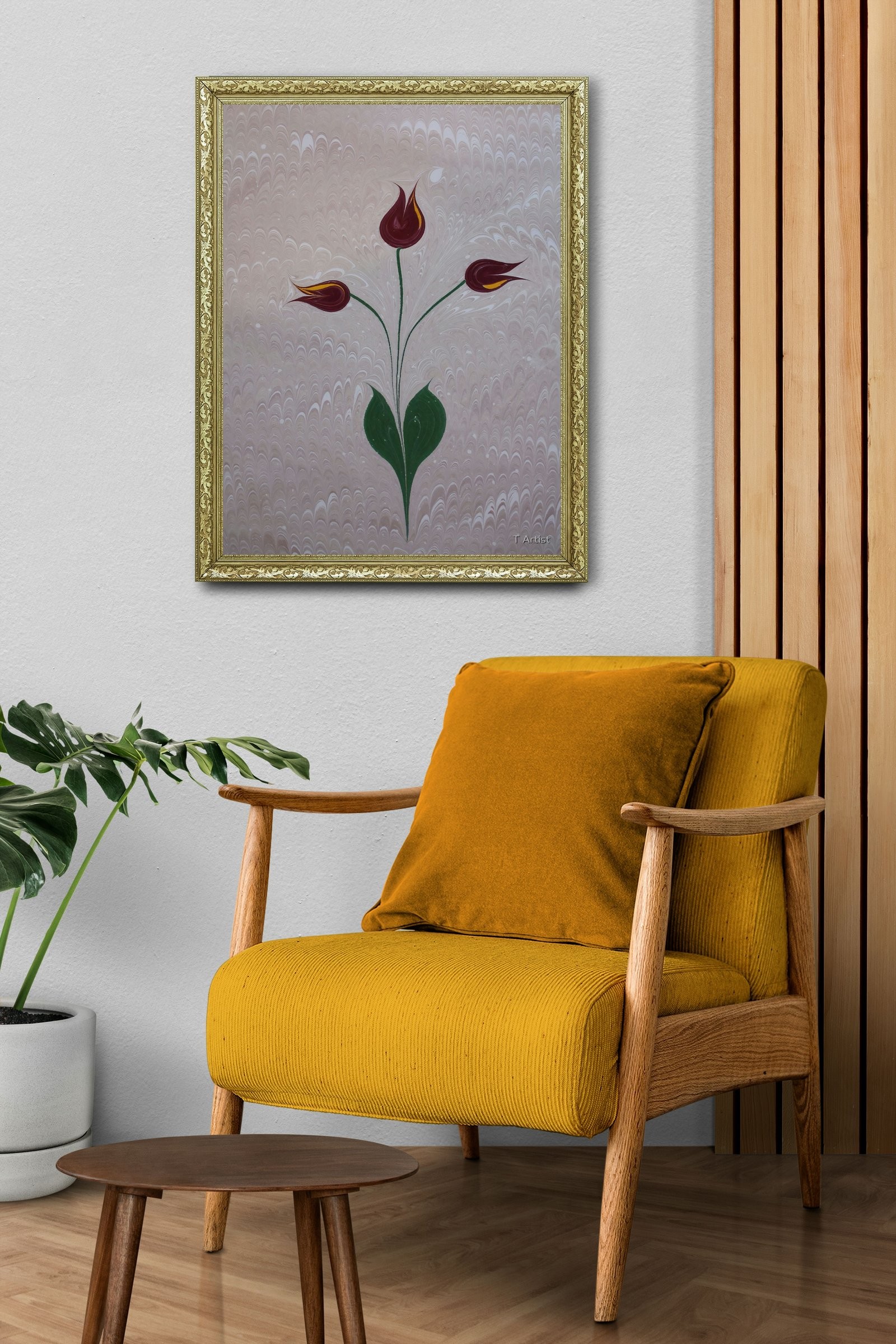 Krem Zemin Üzerinde Bordo Laleler Ebru 60x80 cm Çerçeveli Tablo