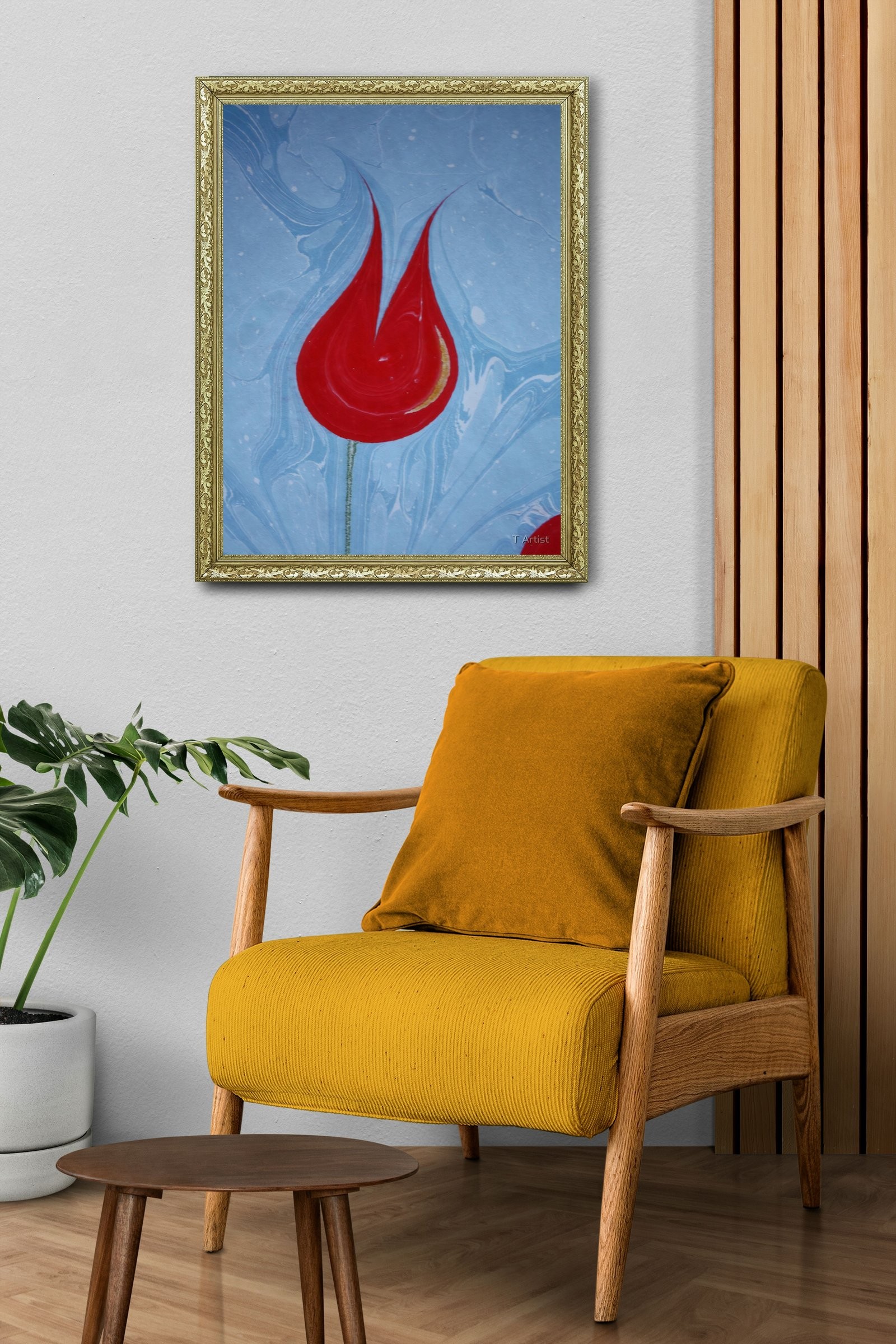 Fuşya, Turkuaz ve Sarı Damarlı Ebru 60x80 cm Çerçeveli Tablo
