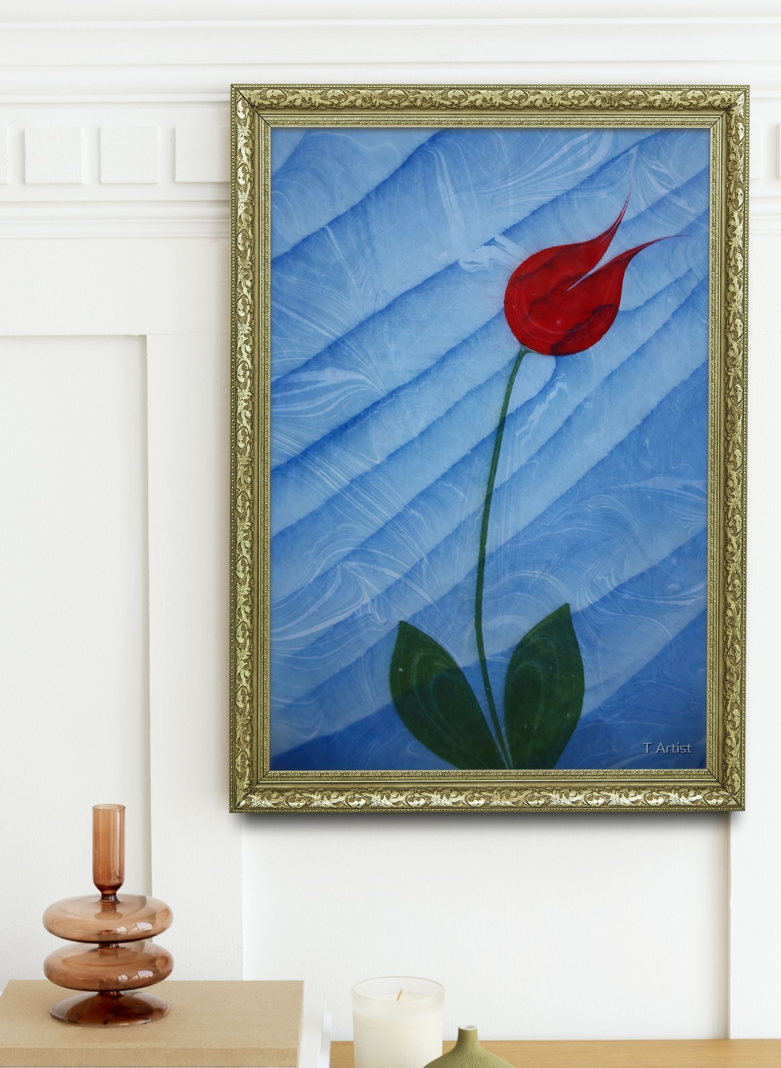 Mavi Zemin Üzerine Tek Kırmızı Lale Ebru 60x80 cm Çerçeveli Tablo