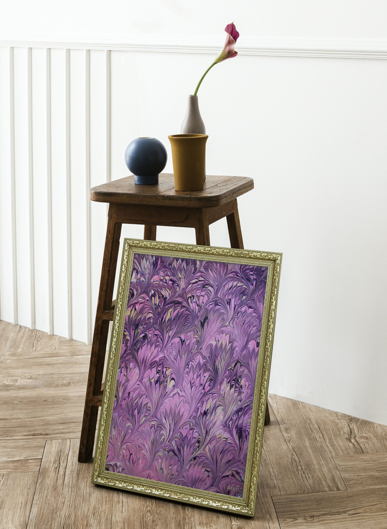 Mor Tonlarda Desenli Ebru 60x80 cm Çerçeveli Tablo