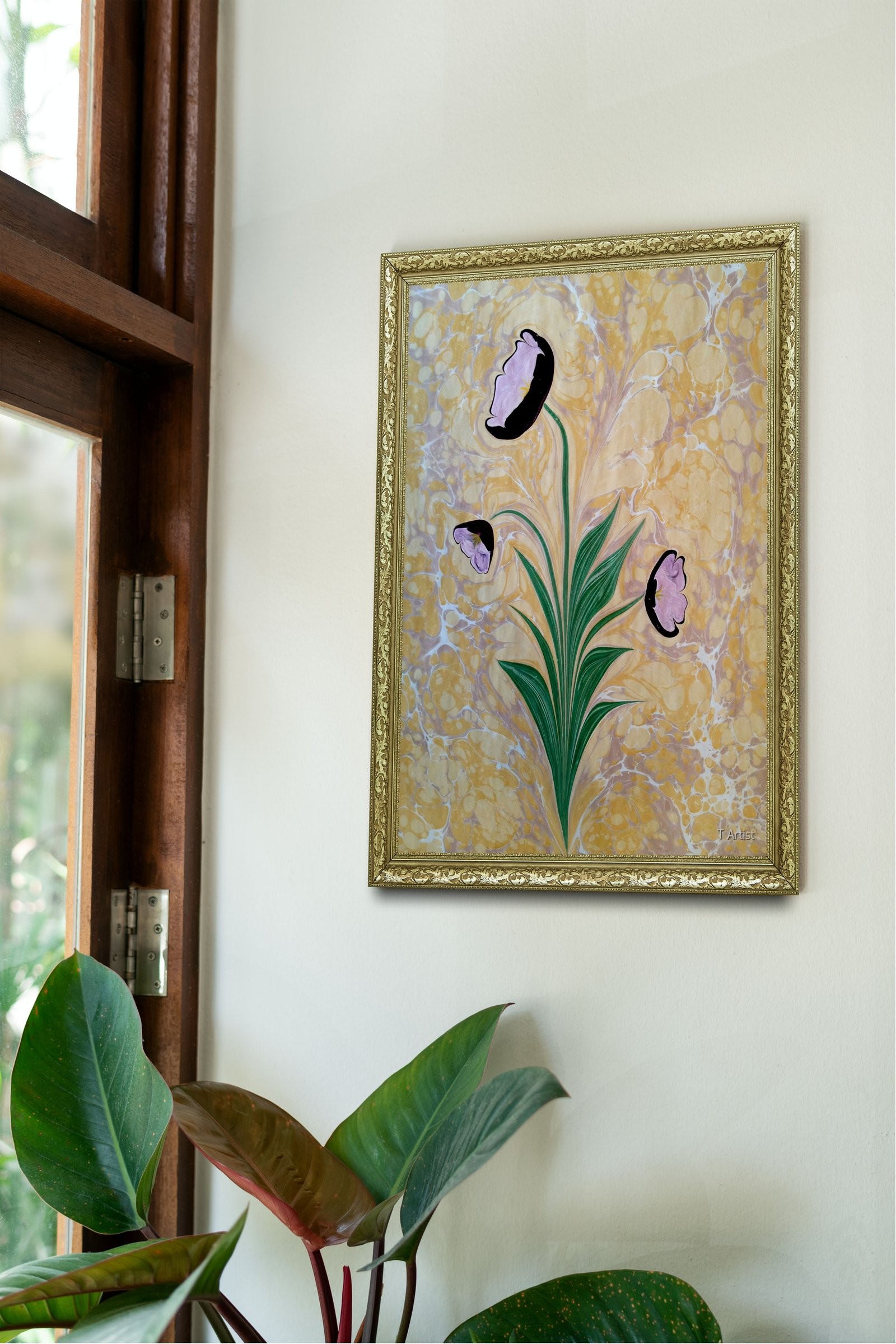 Bordo ve Pembe Laleler Ebru 60x80 cm Çerçeveli Tablo