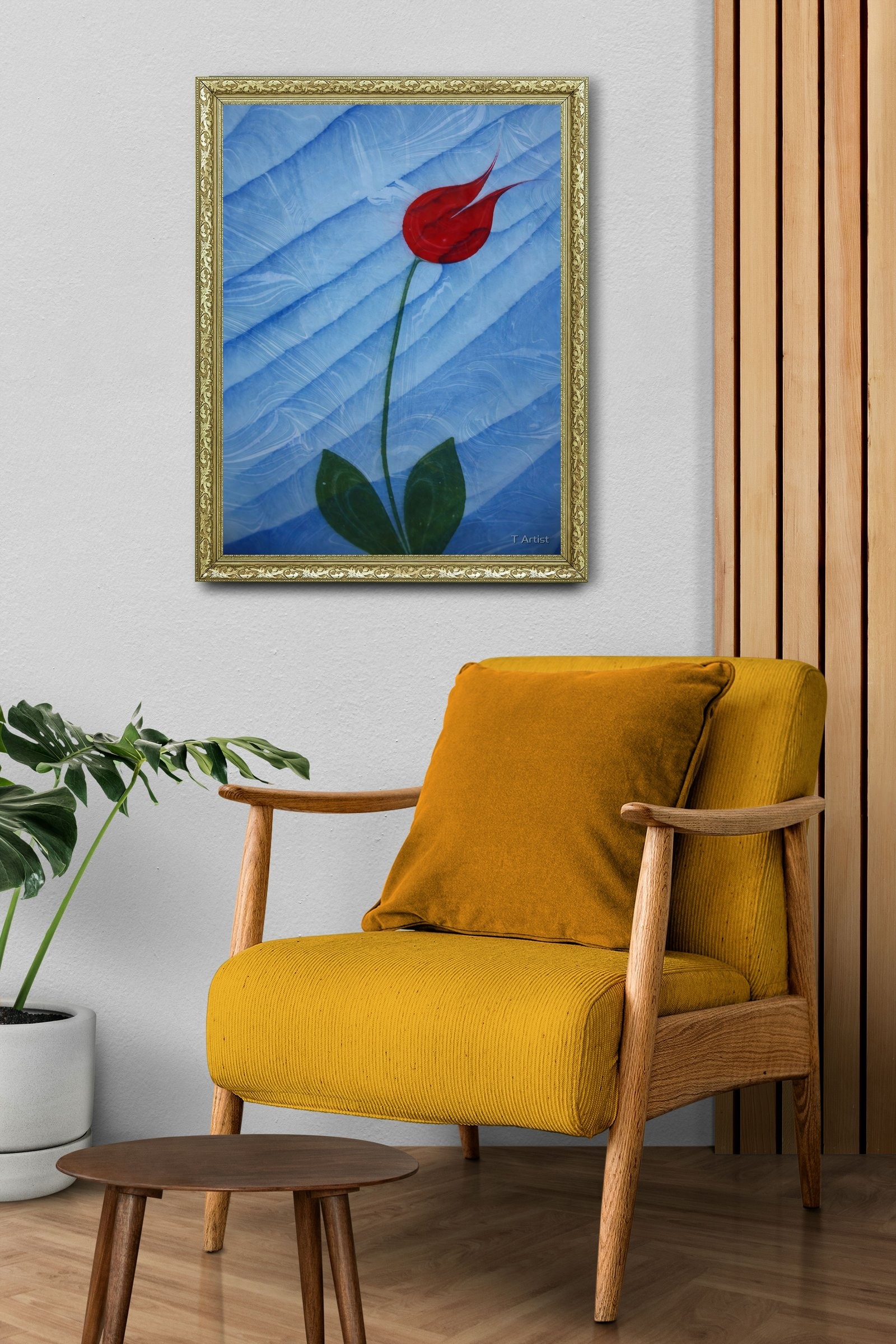 Mavi Zemin Üzerine Tek Kırmızı Lale Ebru 60x80 cm Çerçeveli Tablo