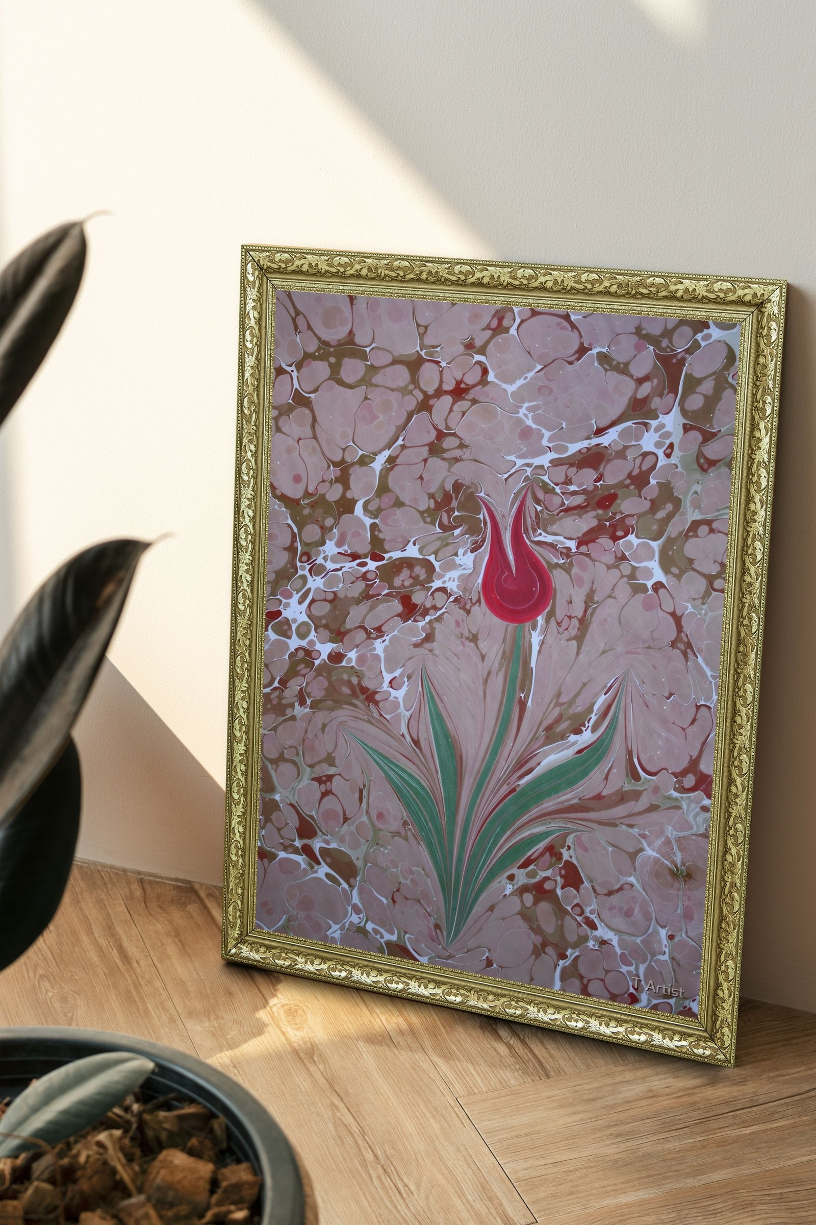 Kahverengi Zemin Üzerine Tek Kırmızı Lale 60x80 cm Çerçeveli Tablo