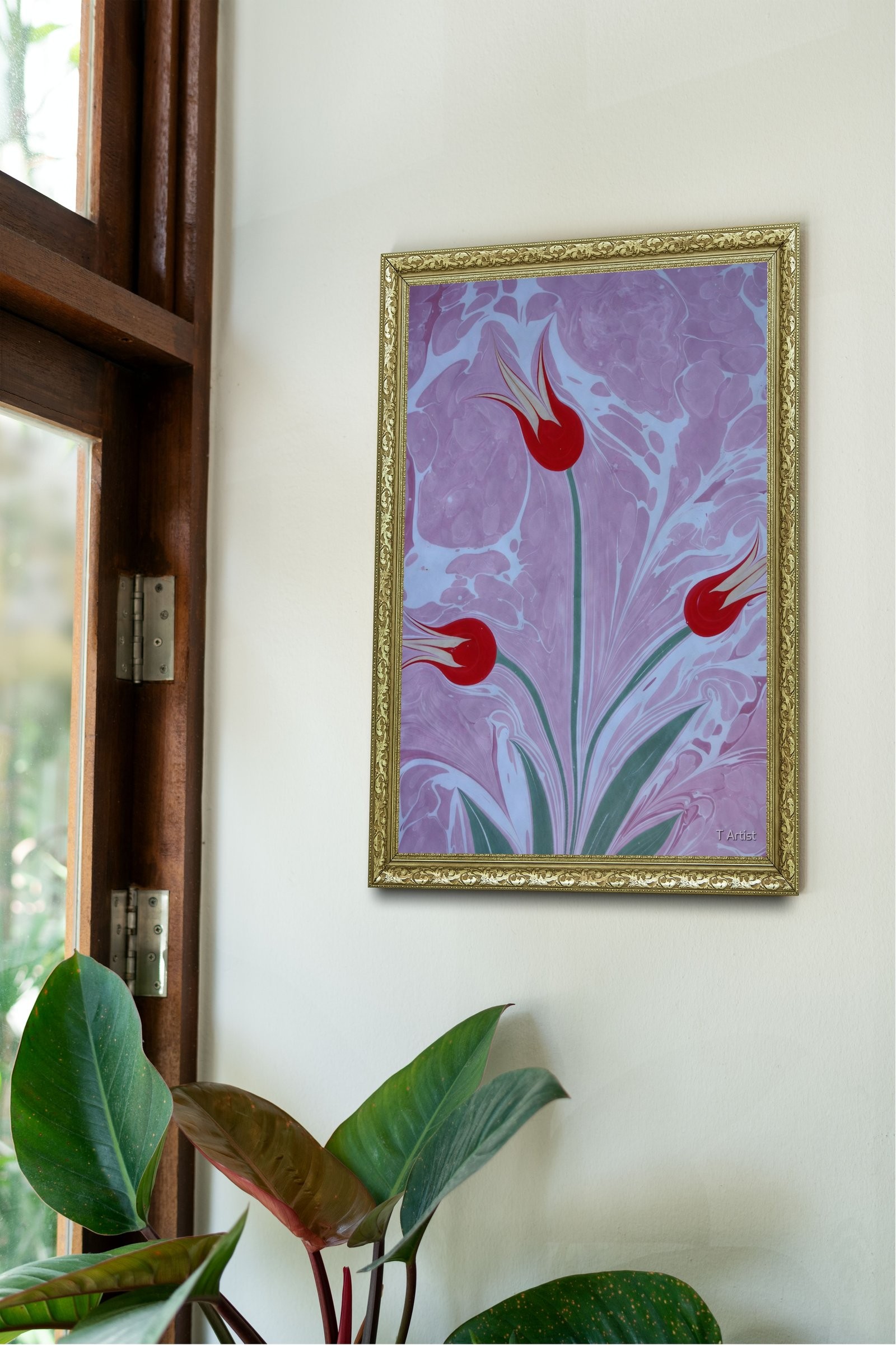 Siyah Zemin Üzerine Turuncu Laleler Ebru 60x80 cm Çerçeveli Tablo
