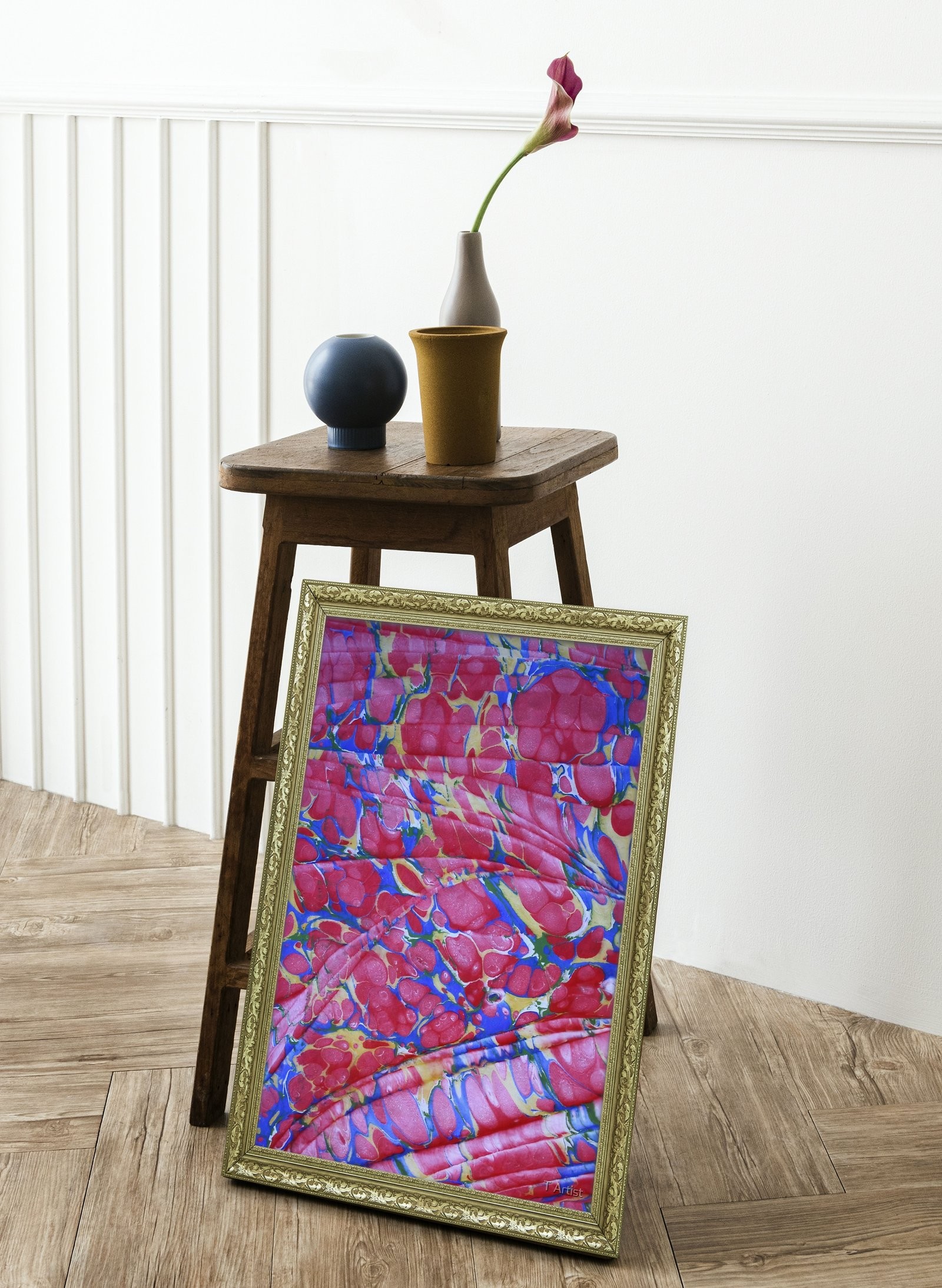 Kırmızı Gül Motifli Ebru 60x80 cm Çerçeveli Tablo