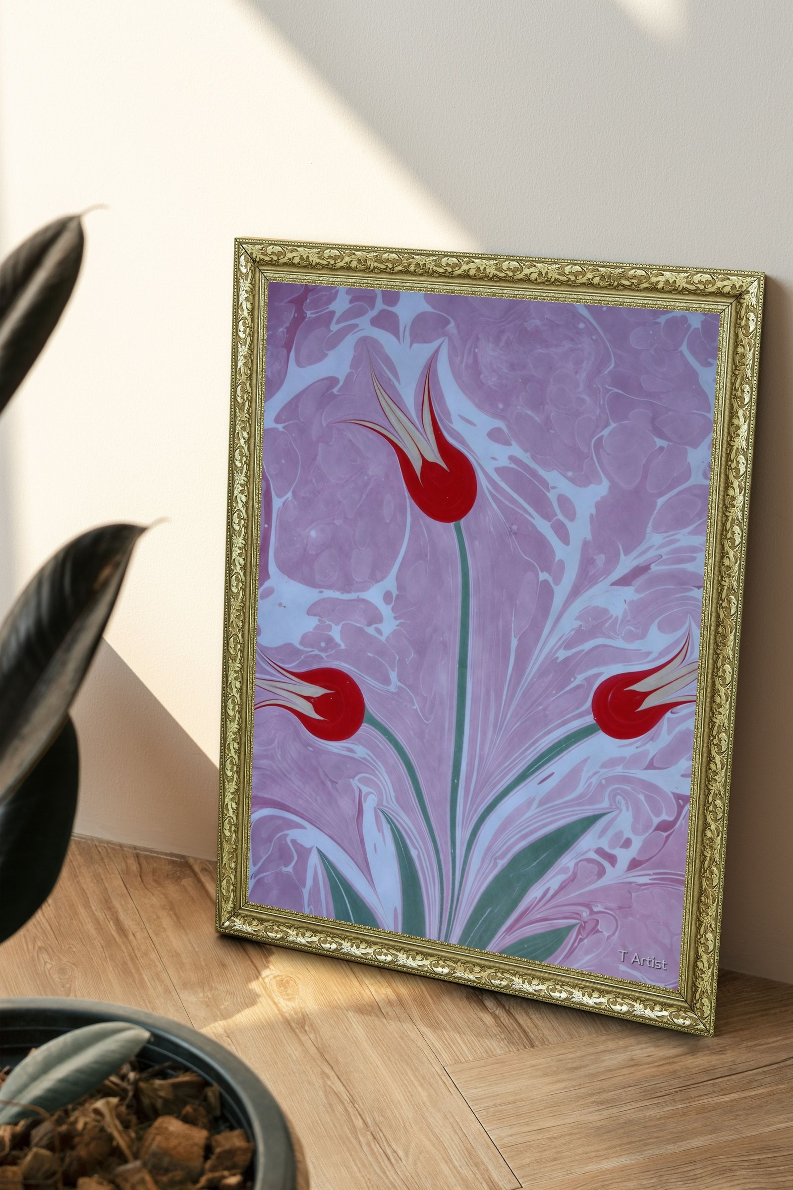 Siyah Zemin Üzerine Turuncu Laleler Ebru 60x80 cm Çerçeveli Tablo
