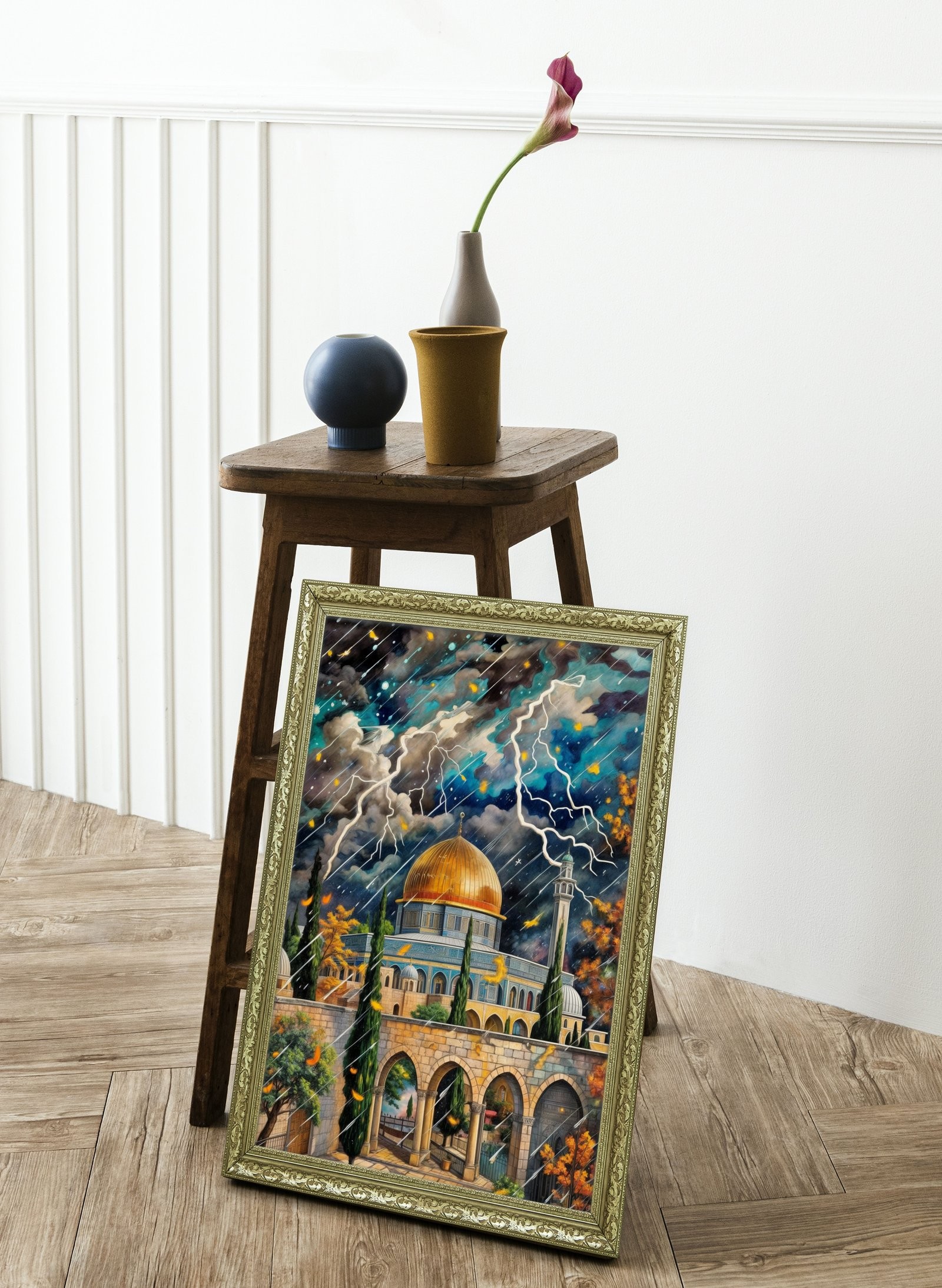 Kudüs'Ün Altın Kubbesi ve Fırtına Tarihin ve İnancın Gücü 60x80 cm Çerçeveli Tablo