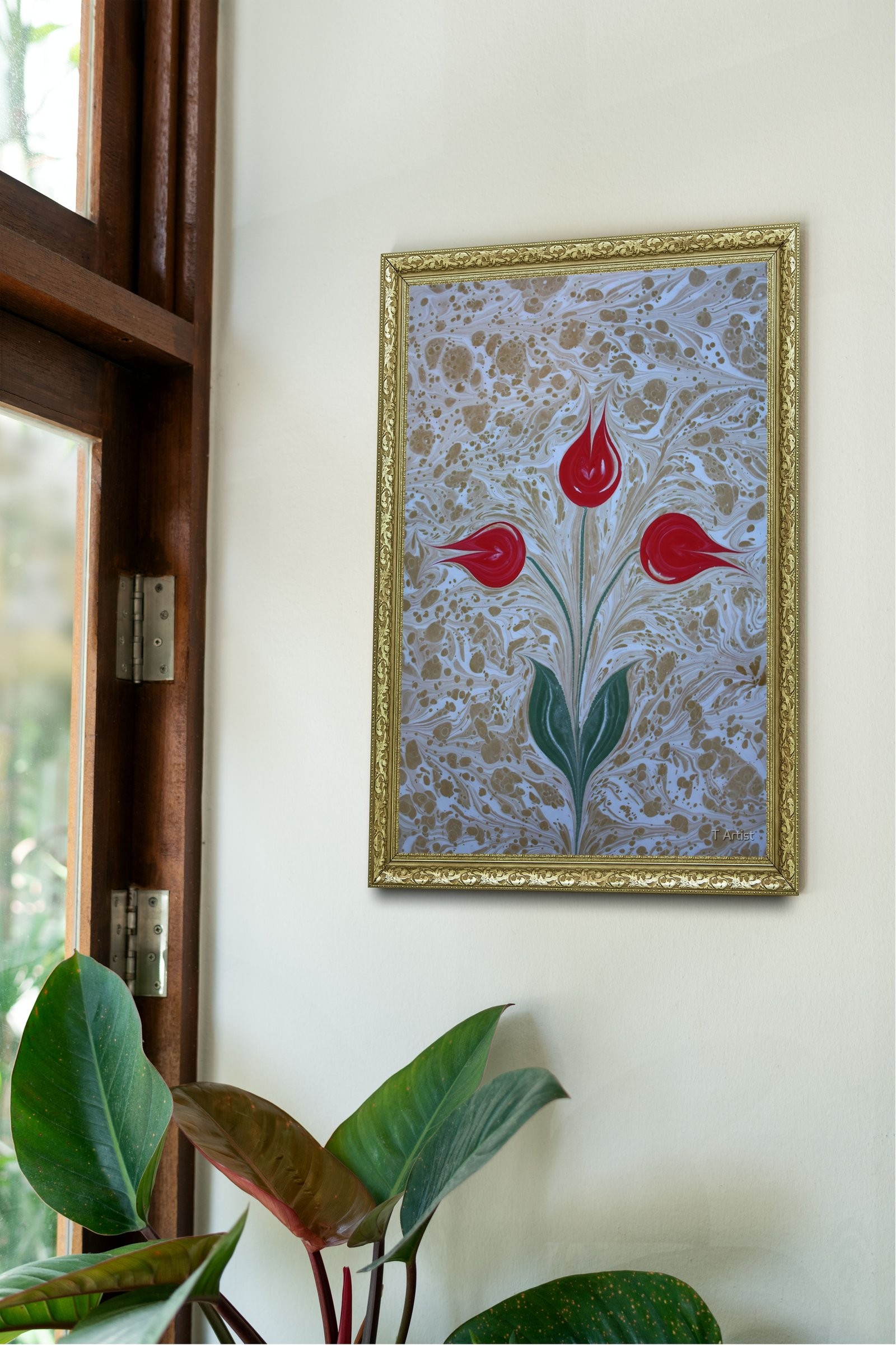 Bej Zemin Üzerinde Kırmızı Laleler Ebru 60x80 cm Çerçeveli Tablo