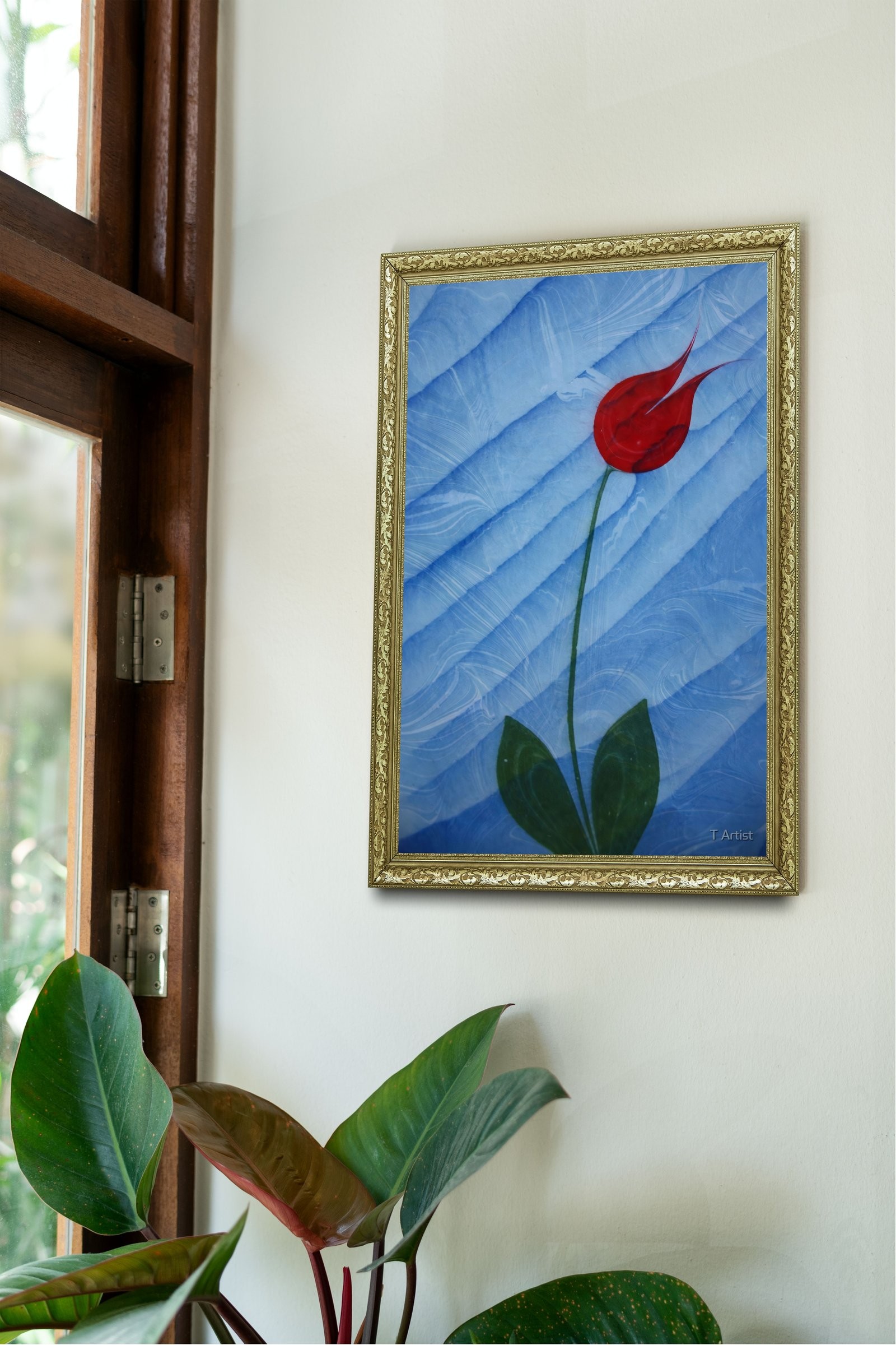 Mavi Zemin Üzerine Tek Kırmızı Lale Ebru 60x80 cm Çerçeveli Tablo