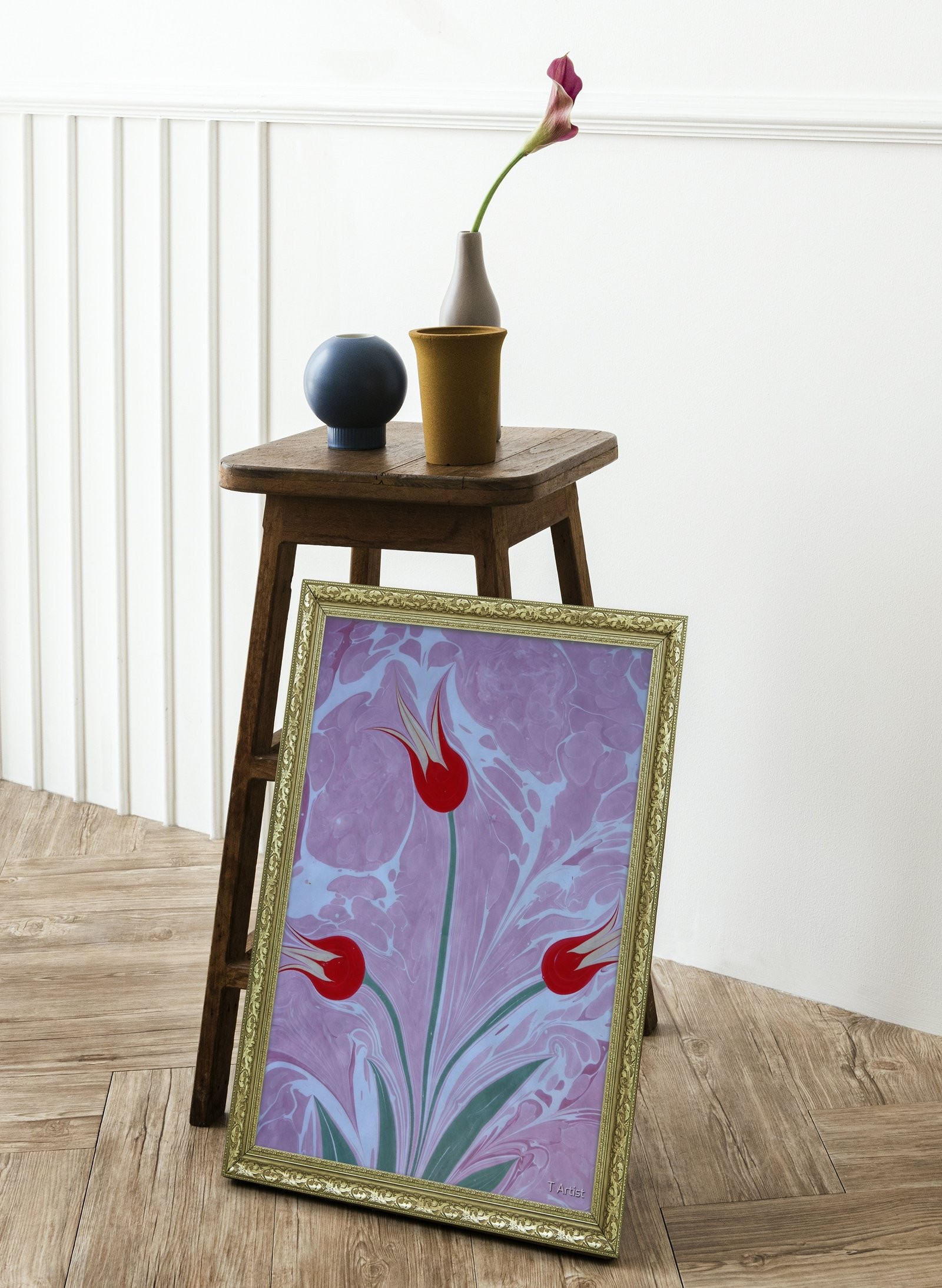 Siyah Zemin Üzerine Turuncu Laleler Ebru 60x80 cm Çerçeveli Tablo