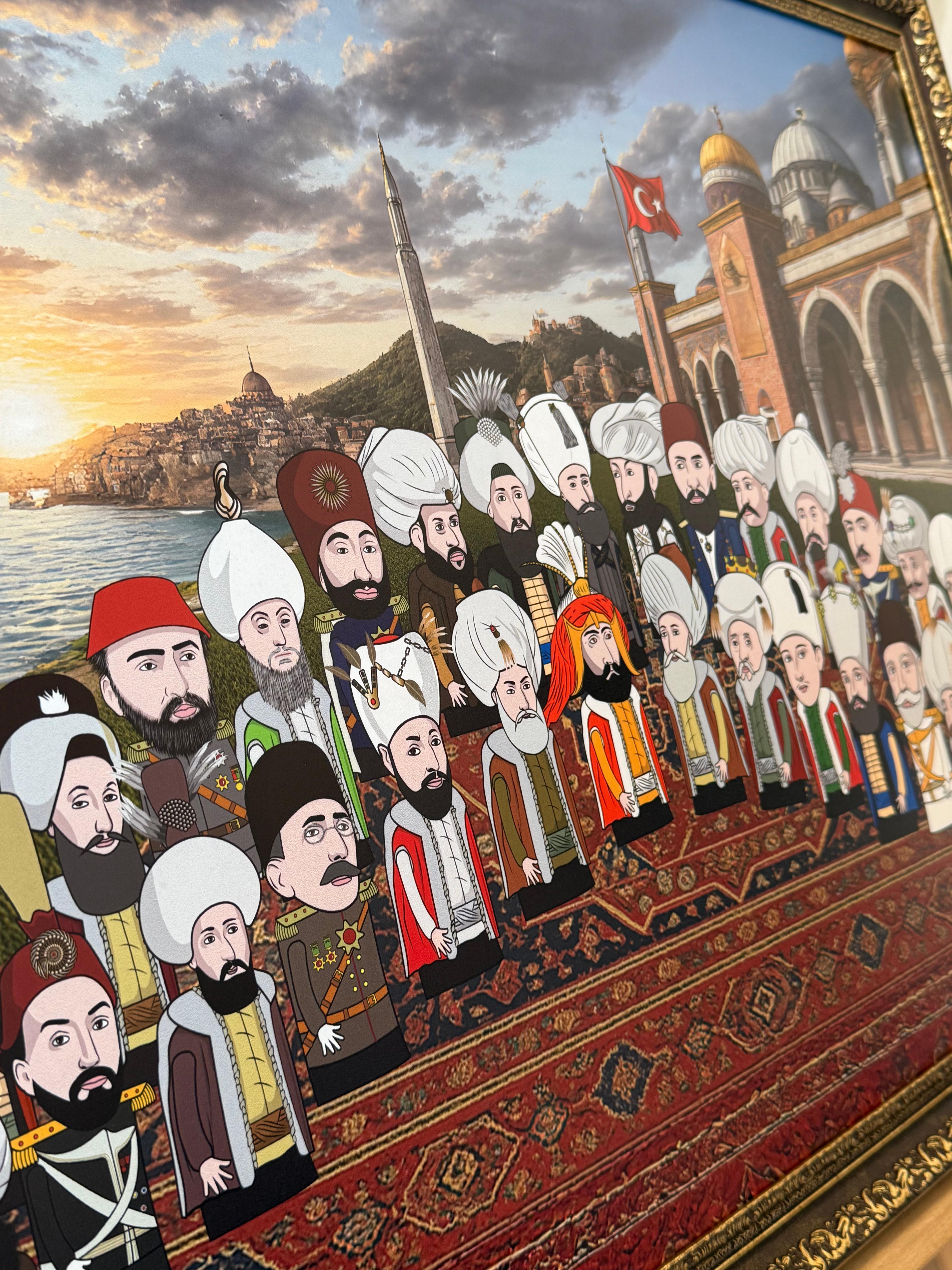 Çizgisel Karakter 36 Osmanlı Padişahı Özel Çalışma Çerçeveli Tablo 60x80 cm