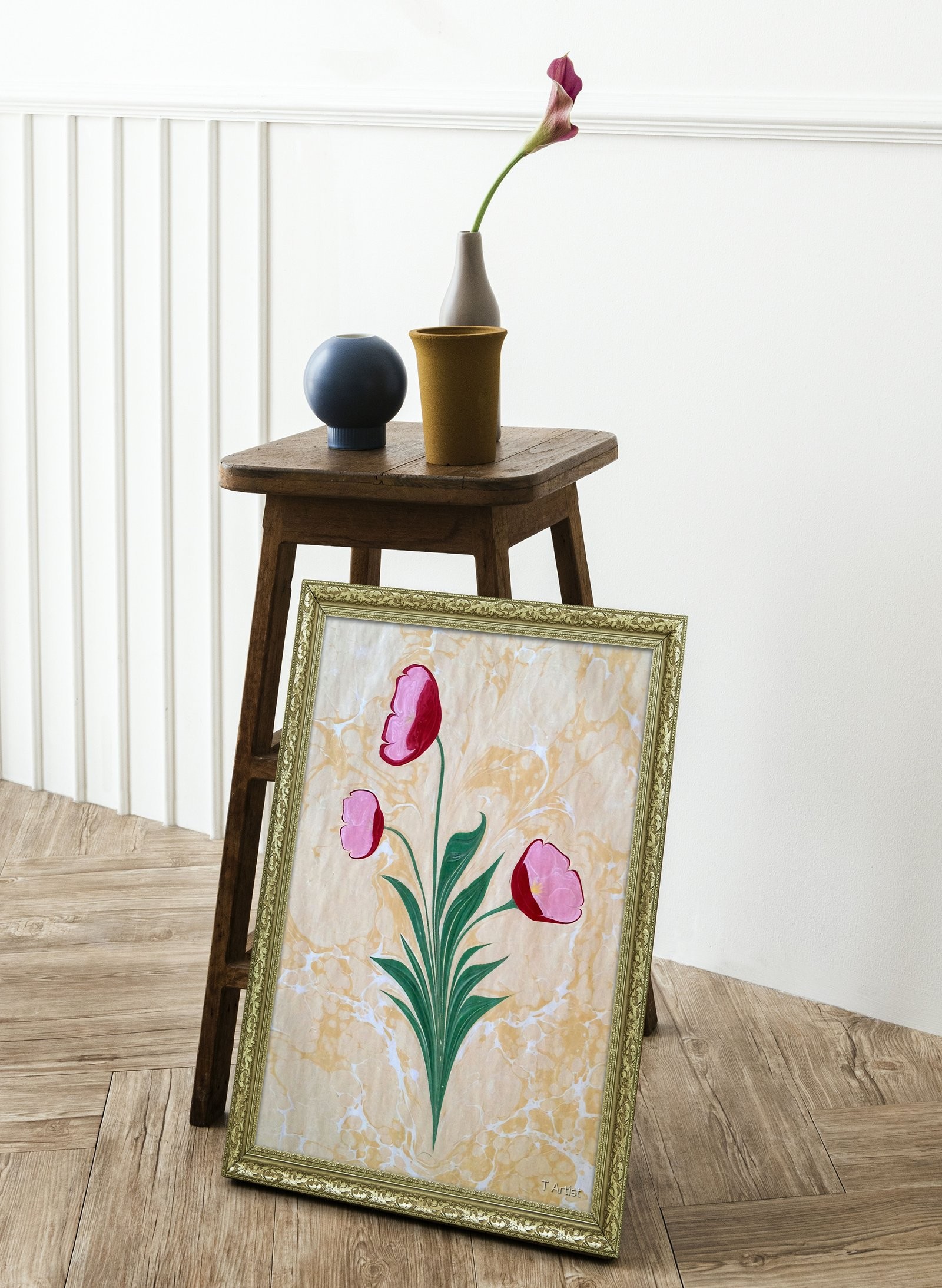 Mor ve Fuşya Serbest Fırça Desenli Ebru 60x80 cm Çerçeveli Tablo