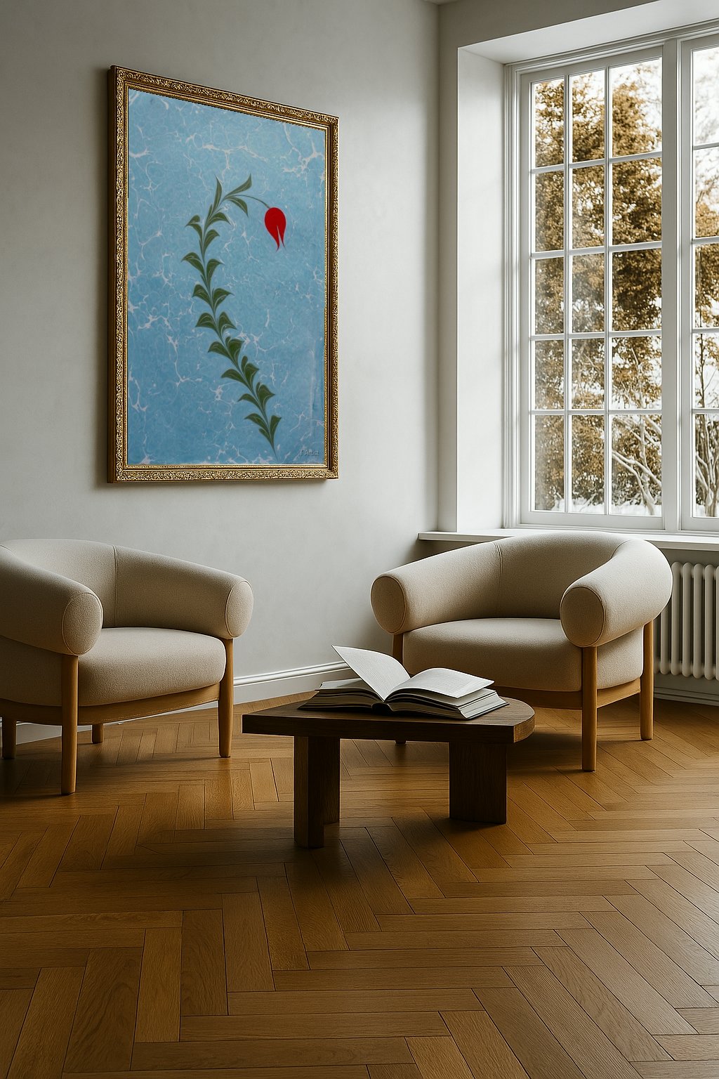Bordo, Mor ve Mavi Serbest Fırça Desenli Ebru 60x80 cm Çerçeveli Tablo