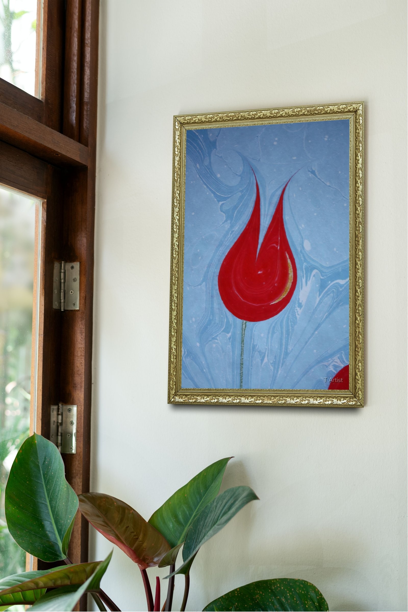 Fuşya, Turkuaz ve Sarı Damarlı Ebru 60x80 cm Çerçeveli Tablo