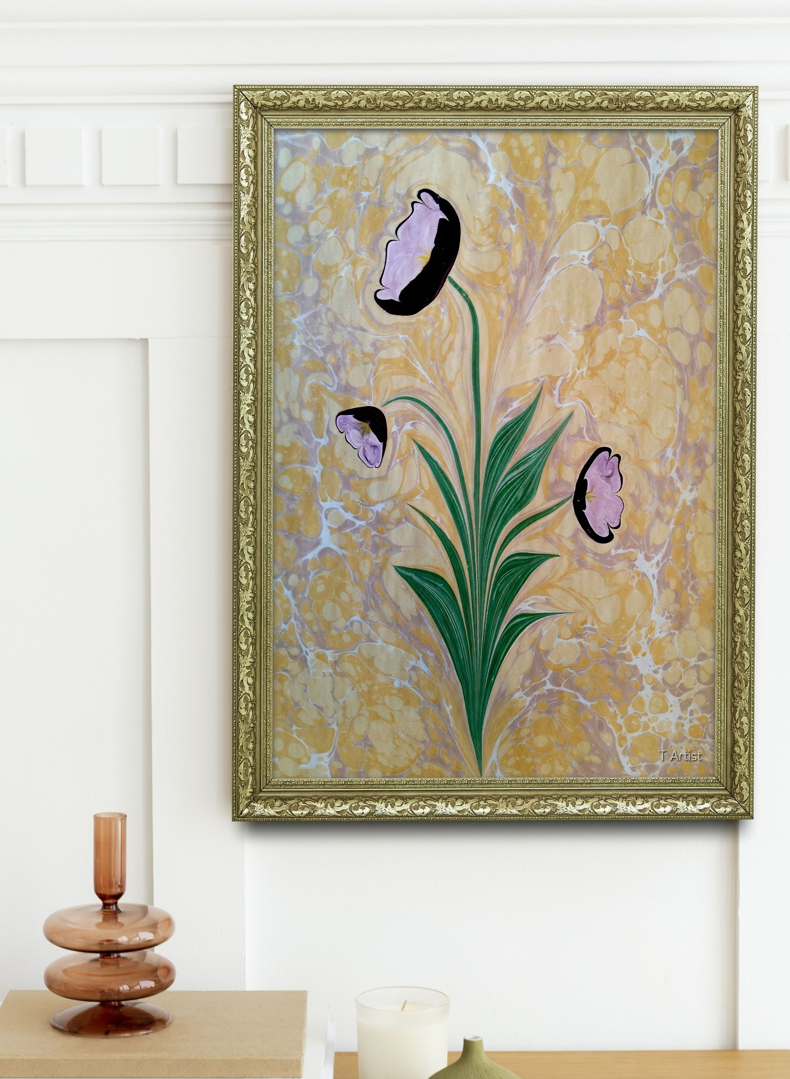 Bordo ve Pembe Laleler Ebru 60x80 cm Çerçeveli Tablo