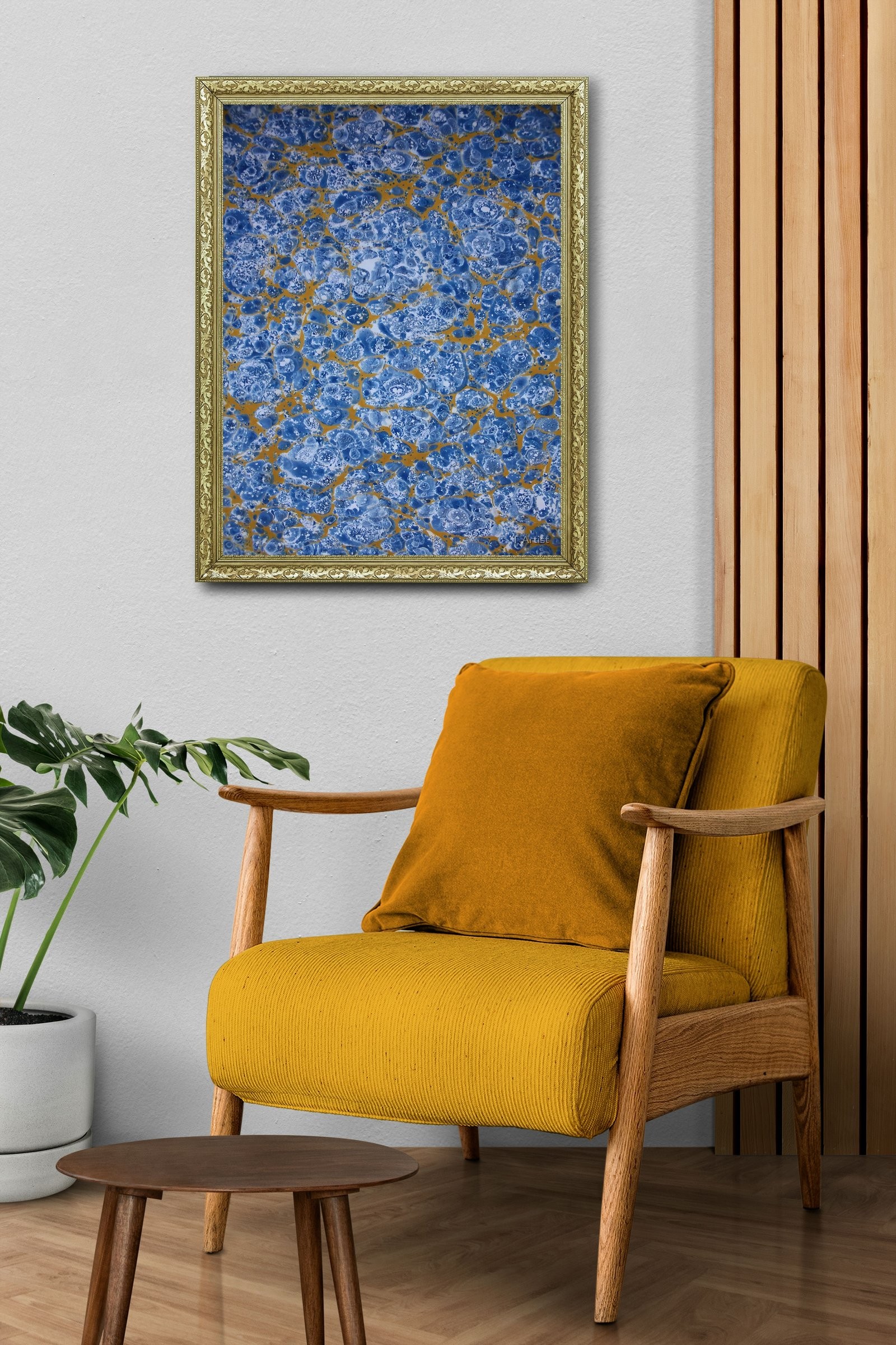 Altın Sarısı Hareler Üzerinde Mavi Dokulu Ebru 60x80 cm Çerçeveli Tablo