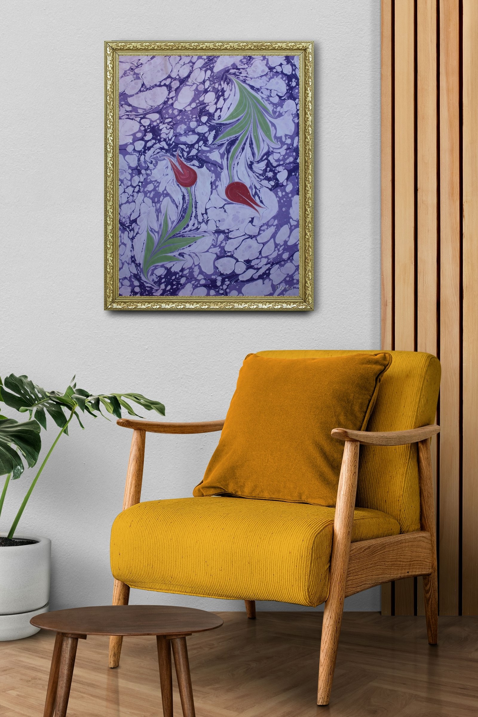 Mor Zemin Üzerine Dağılmış Lale Motifli Ebru 60x80 cm Çerçeveli Tablo