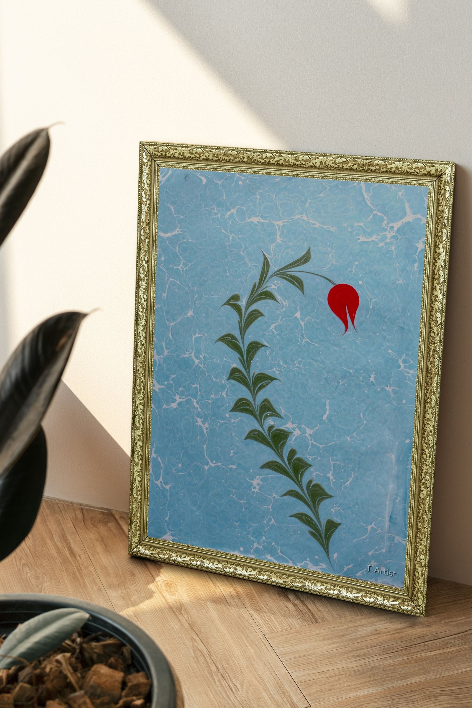 Bordo, Mor ve Mavi Serbest Fırça Desenli Ebru 60x80 cm Çerçeveli Tablo