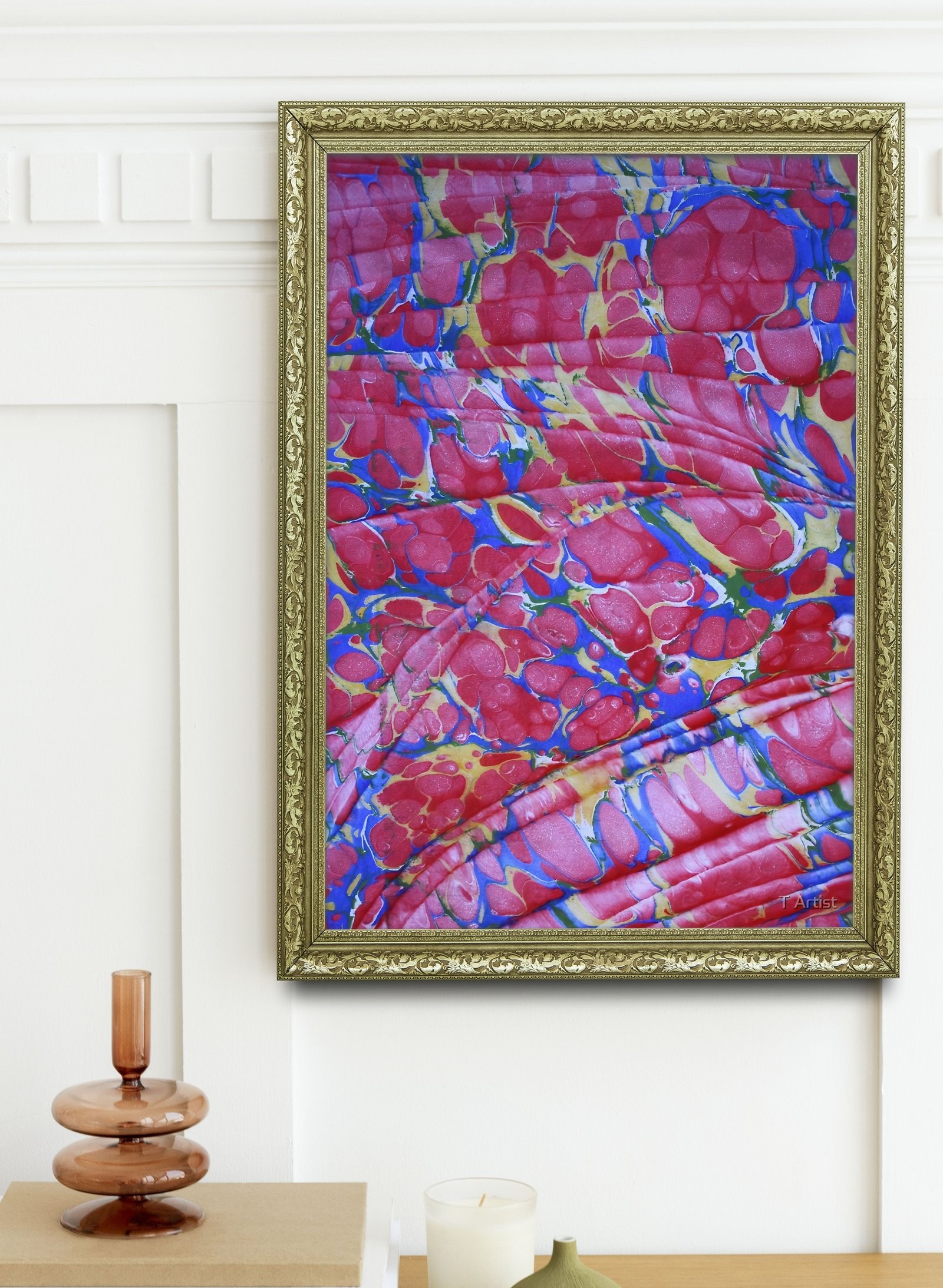 Kırmızı Gül Motifli Ebru 60x80 cm Çerçeveli Tablo