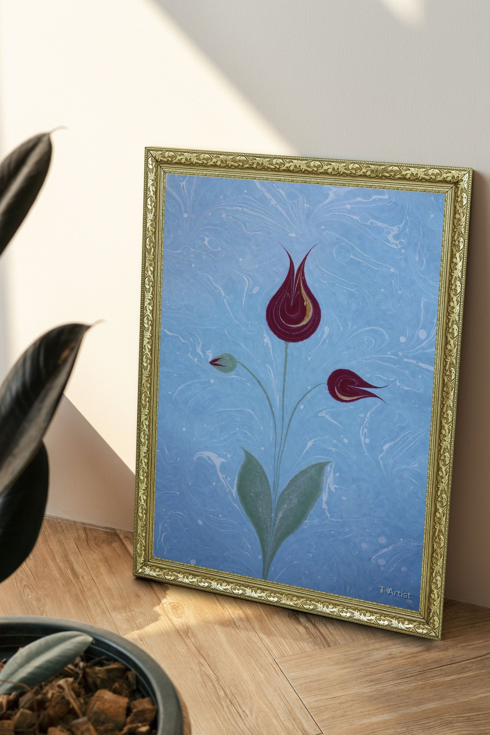 Mavi Zemin Üzerinde Bordo Laleler Ebru 60x80 cm Çerçeveli Tablo