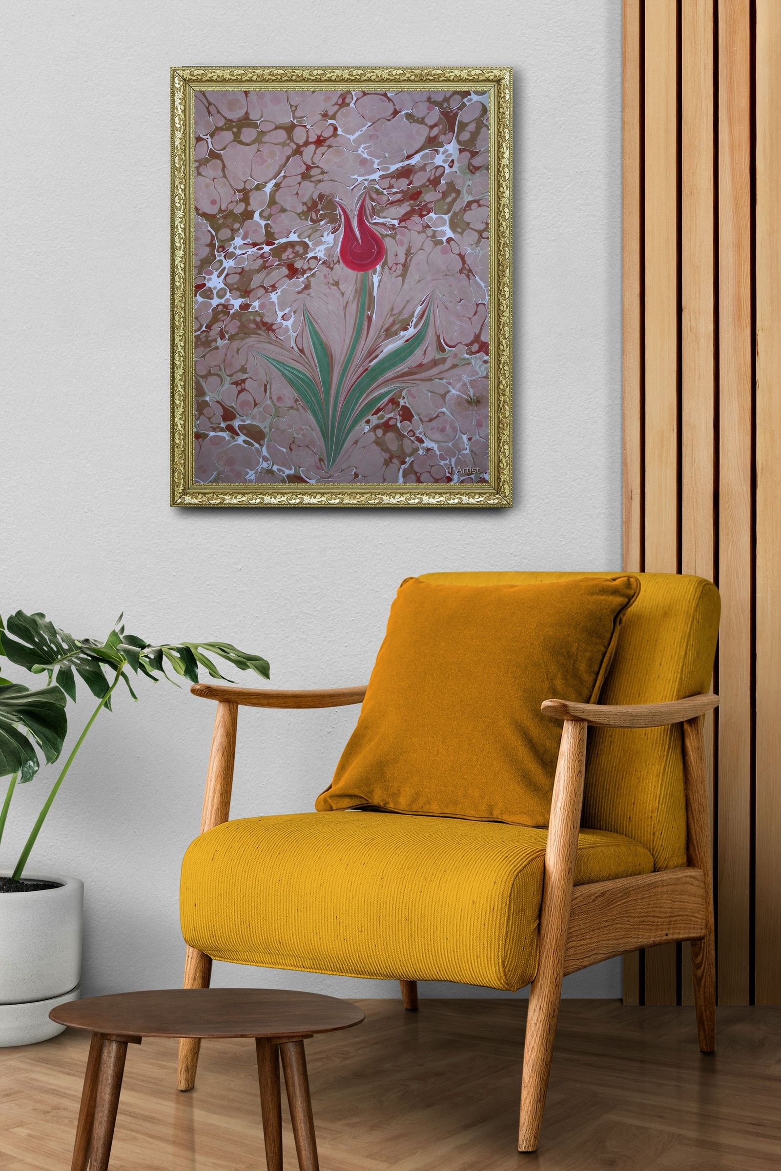 Kahverengi Zemin Üzerine Tek Kırmızı Lale 60x80 cm Çerçeveli Tablo