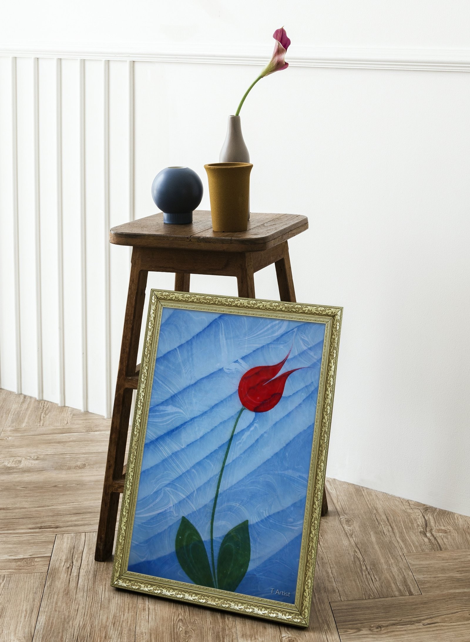 Mavi Zemin Üzerine Tek Kırmızı Lale Ebru 60x80 cm Çerçeveli Tablo