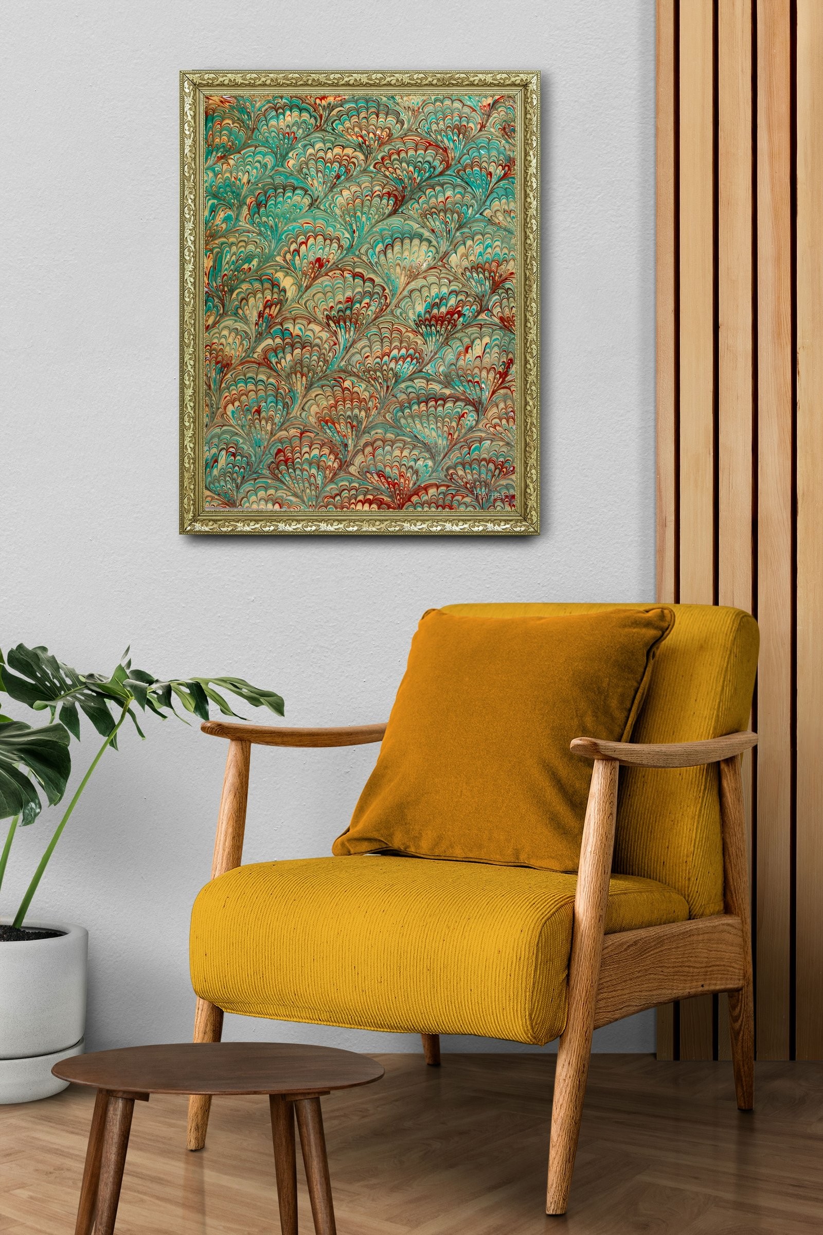 Turkuaz Damarlı Klasik Ebru 60x80 cm Çerçeveli Tablo