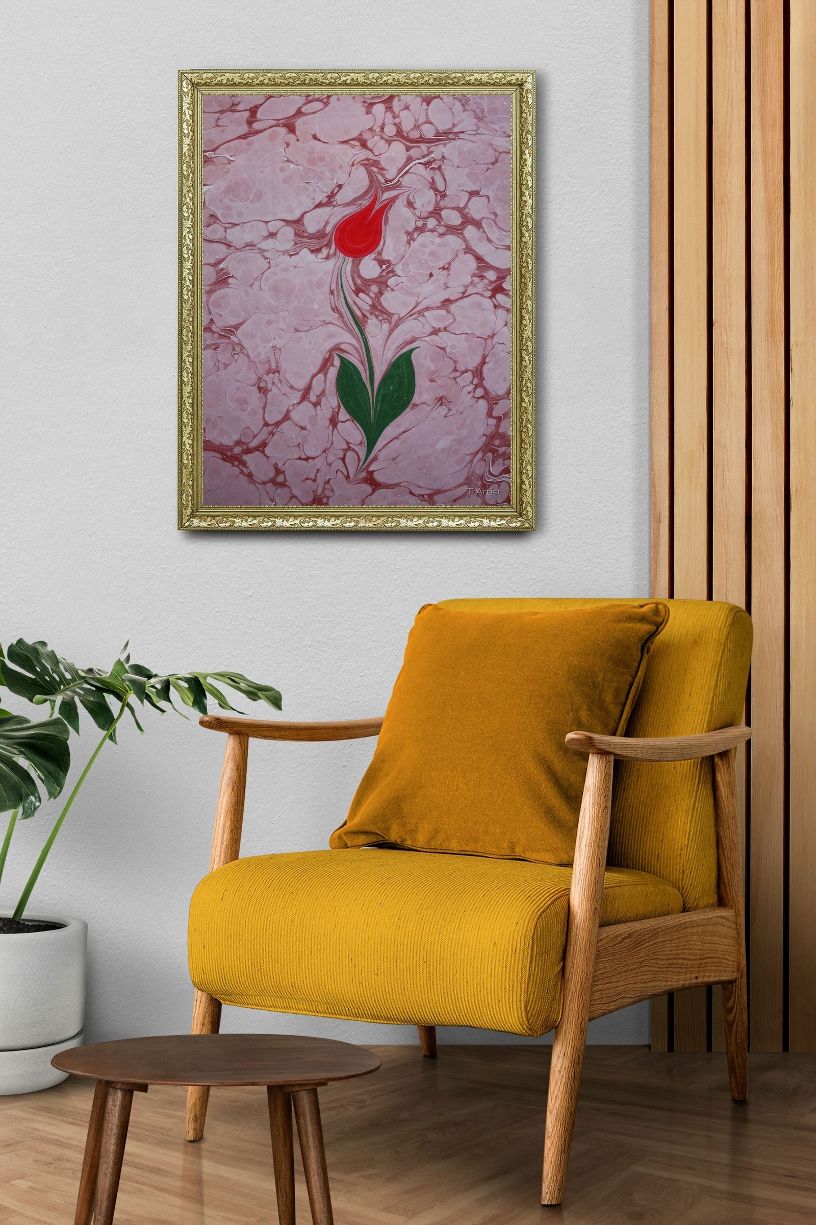 Açık Yeşil Zemin Üzerine Pembe Laleler Ebru 60x80 cm Çerçeveli Tablo