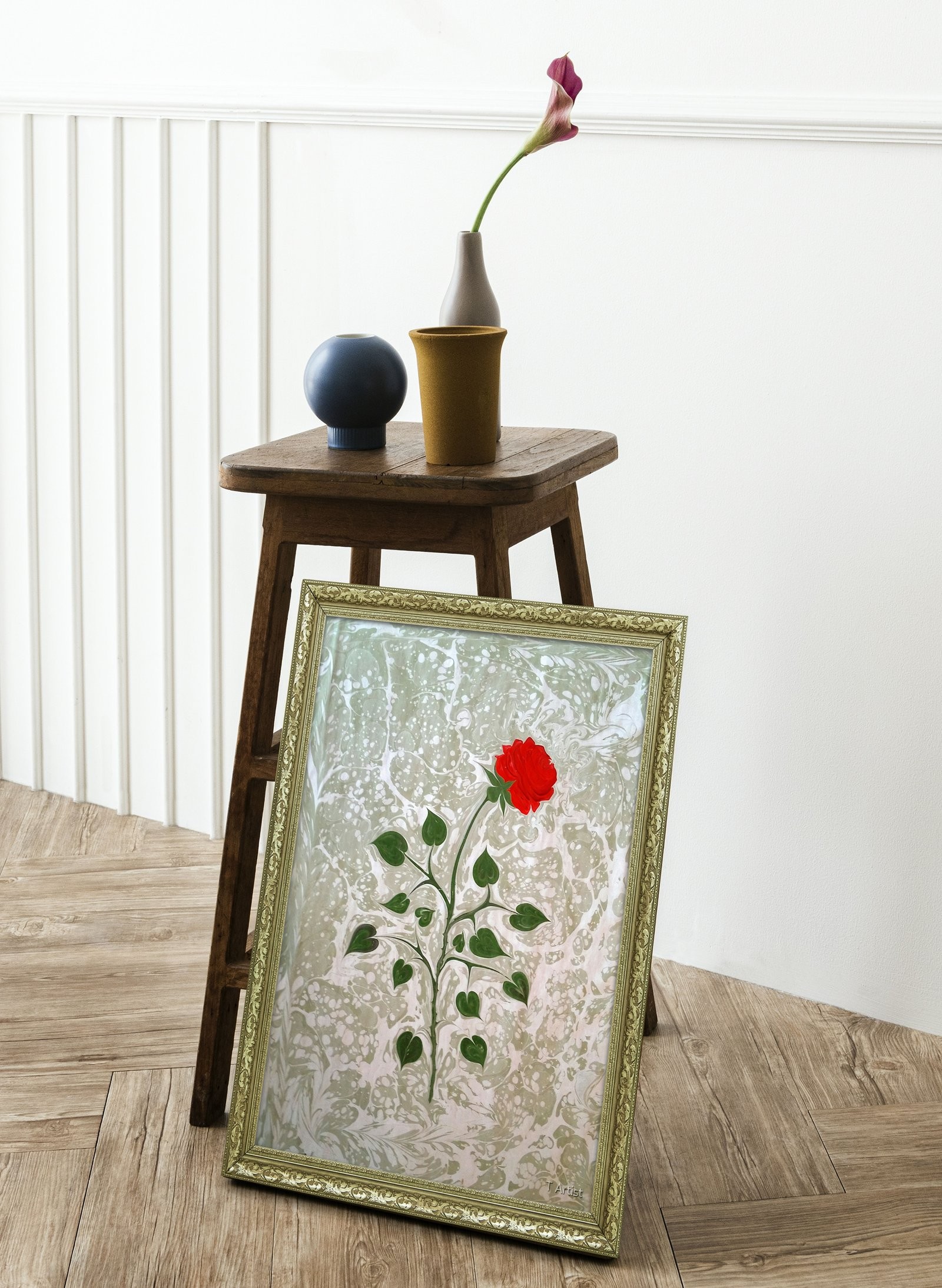 Turkuaz ve Lila Damarlı Ebru 60x80 cm Çerçeveli Tablo