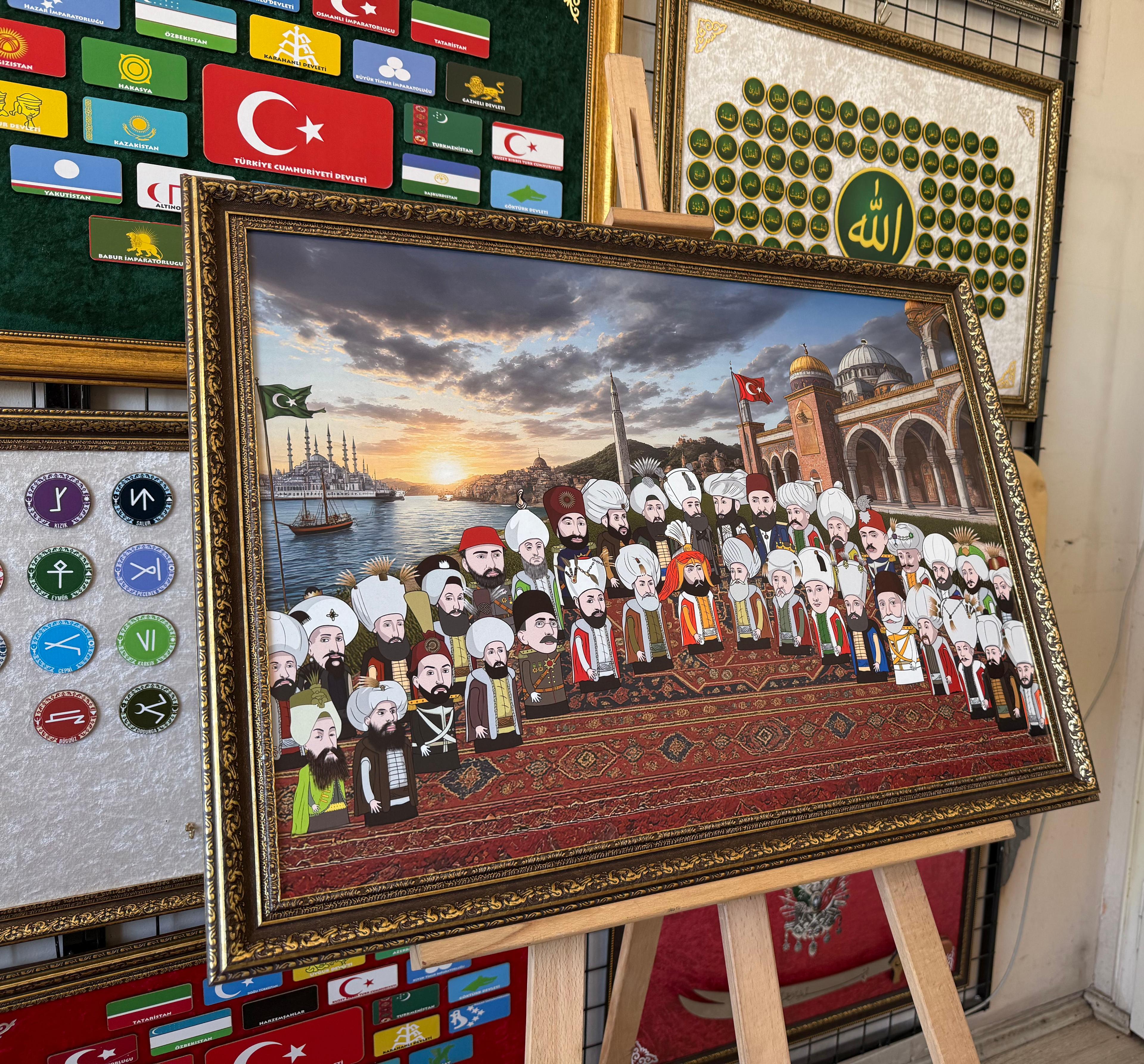 Çizgisel Karakter 36 Osmanlı Padişahı Özel Çalışma Çerçeveli Tablo 60x80 cm