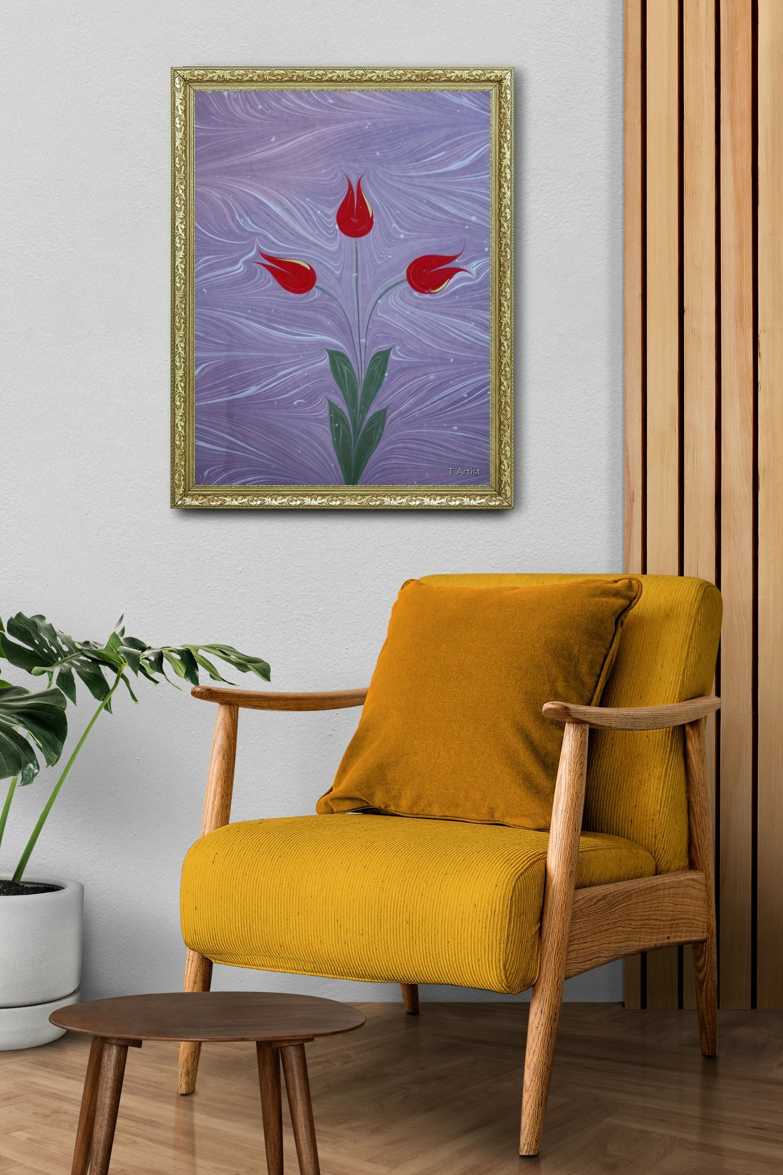 Lila Zemin Üzerinde Üç Lale Ebru 60x80 cm Çerçeveli Tablo