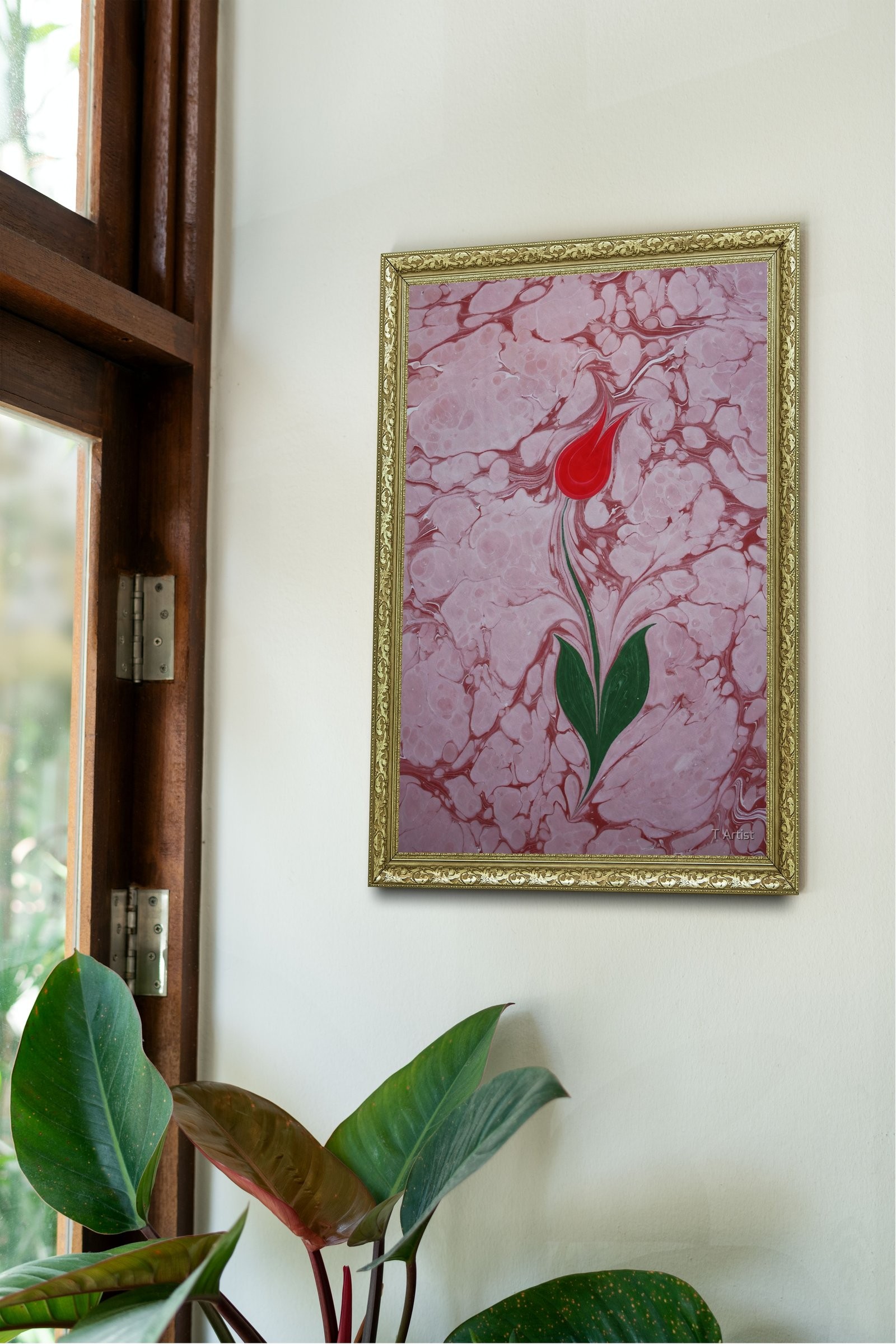 Açık Yeşil Zemin Üzerine Pembe Laleler Ebru 60x80 cm Çerçeveli Tablo