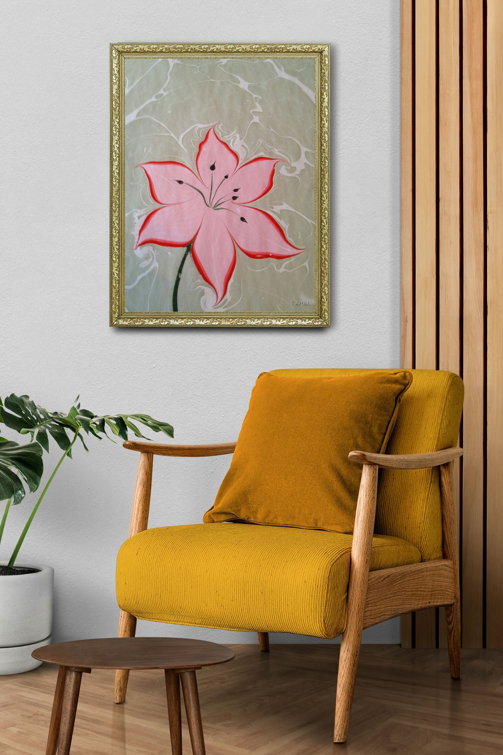 Yeşil ve Sarı Tonlarda Dalgalı Ebru 60x80 cm Çerçeveli Tablo