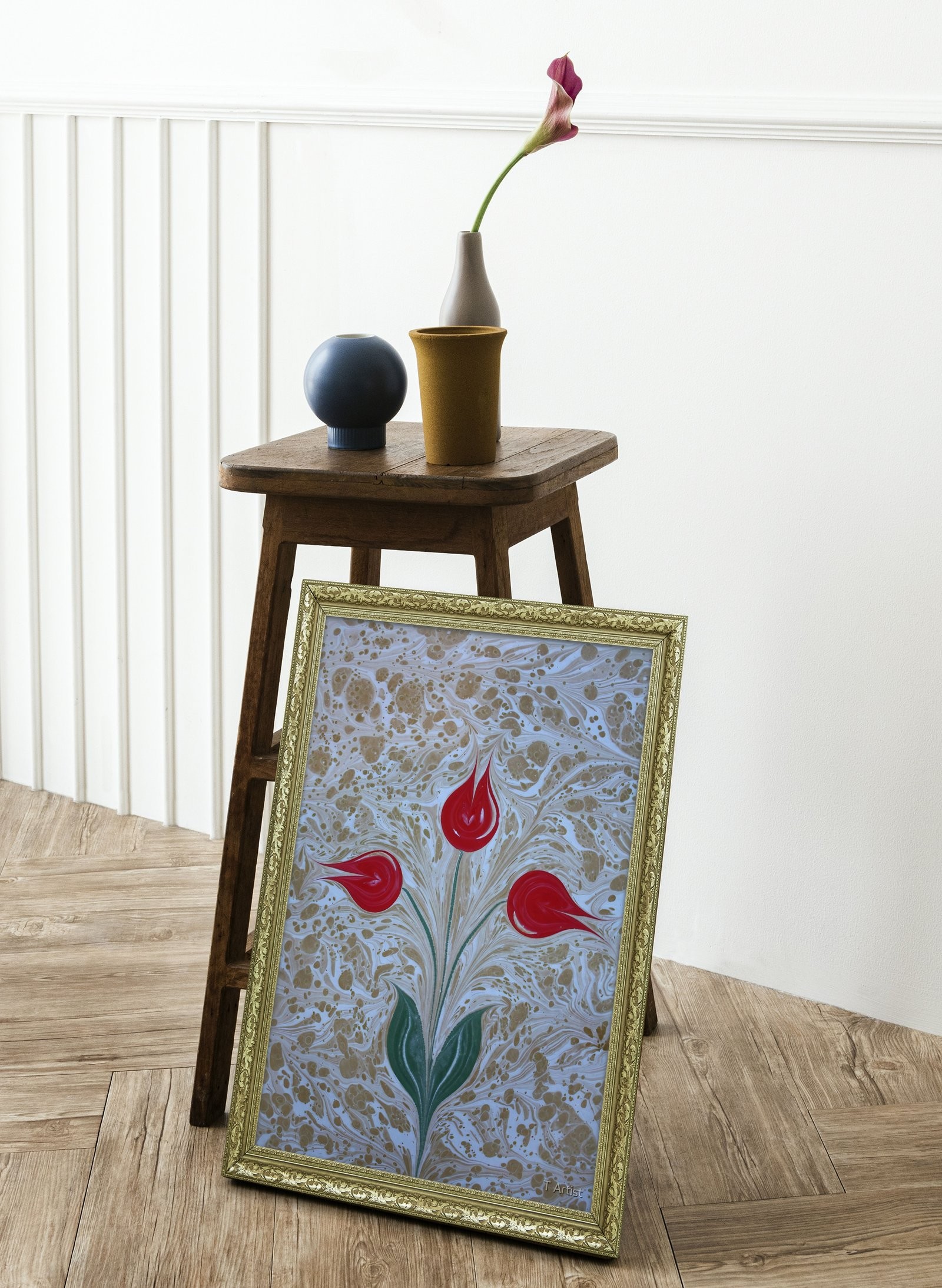 Bej Zemin Üzerinde Kırmızı Laleler Ebru 60x80 cm Çerçeveli Tablo