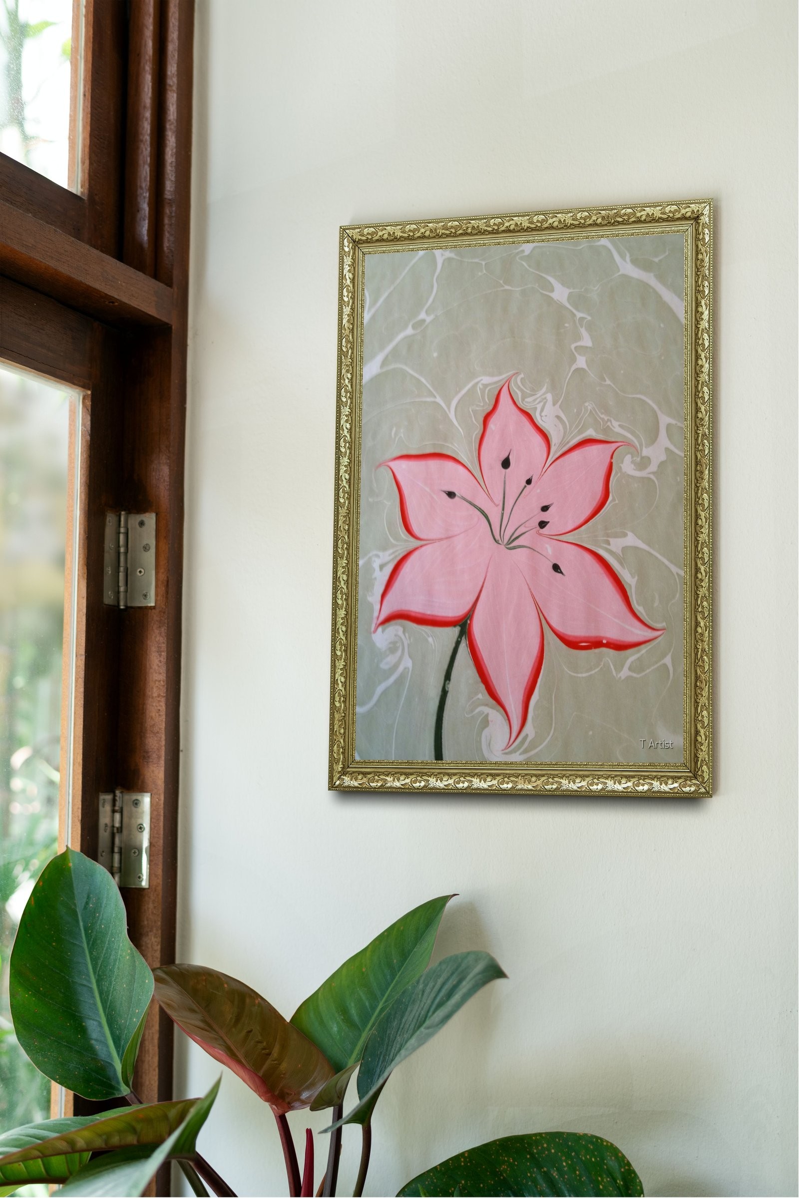 Yeşil ve Sarı Tonlarda Dalgalı Ebru 60x80 cm Çerçeveli Tablo