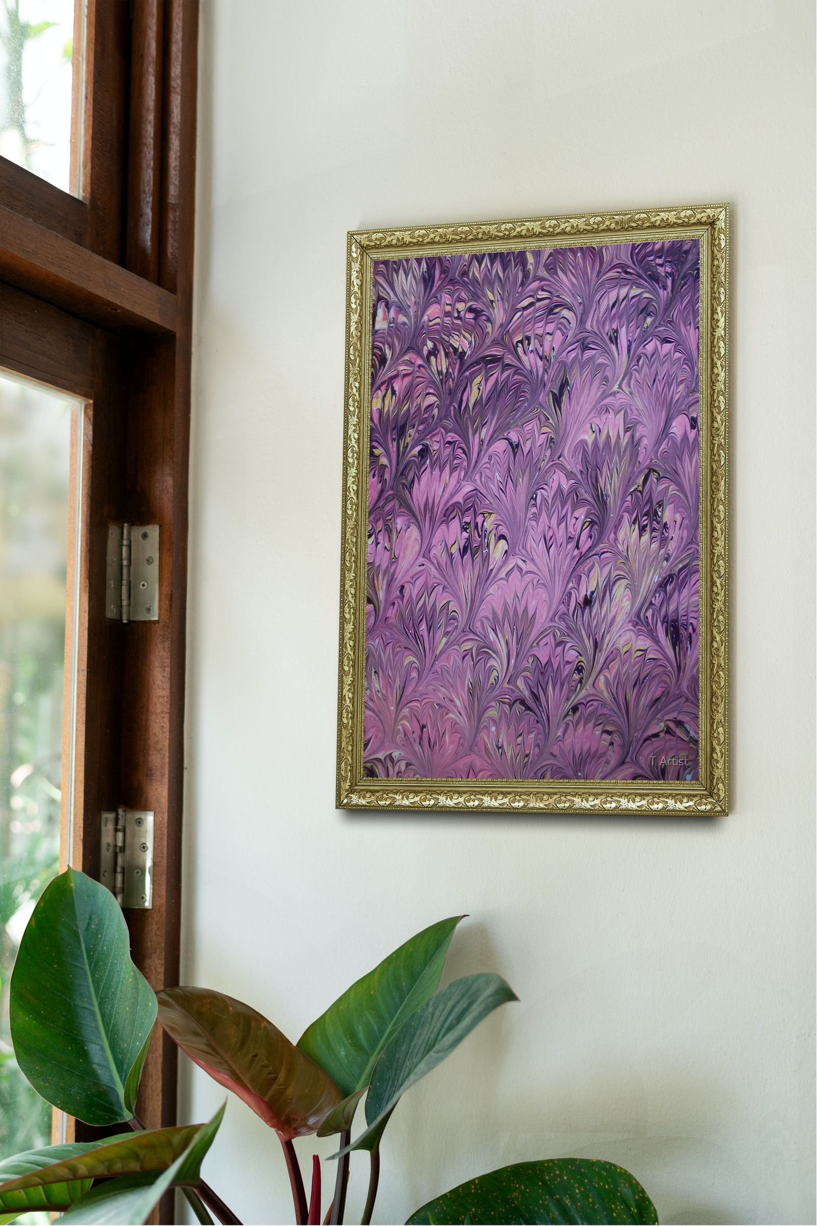 Mor Tonlarda Desenli Ebru 60x80 cm Çerçeveli Tablo