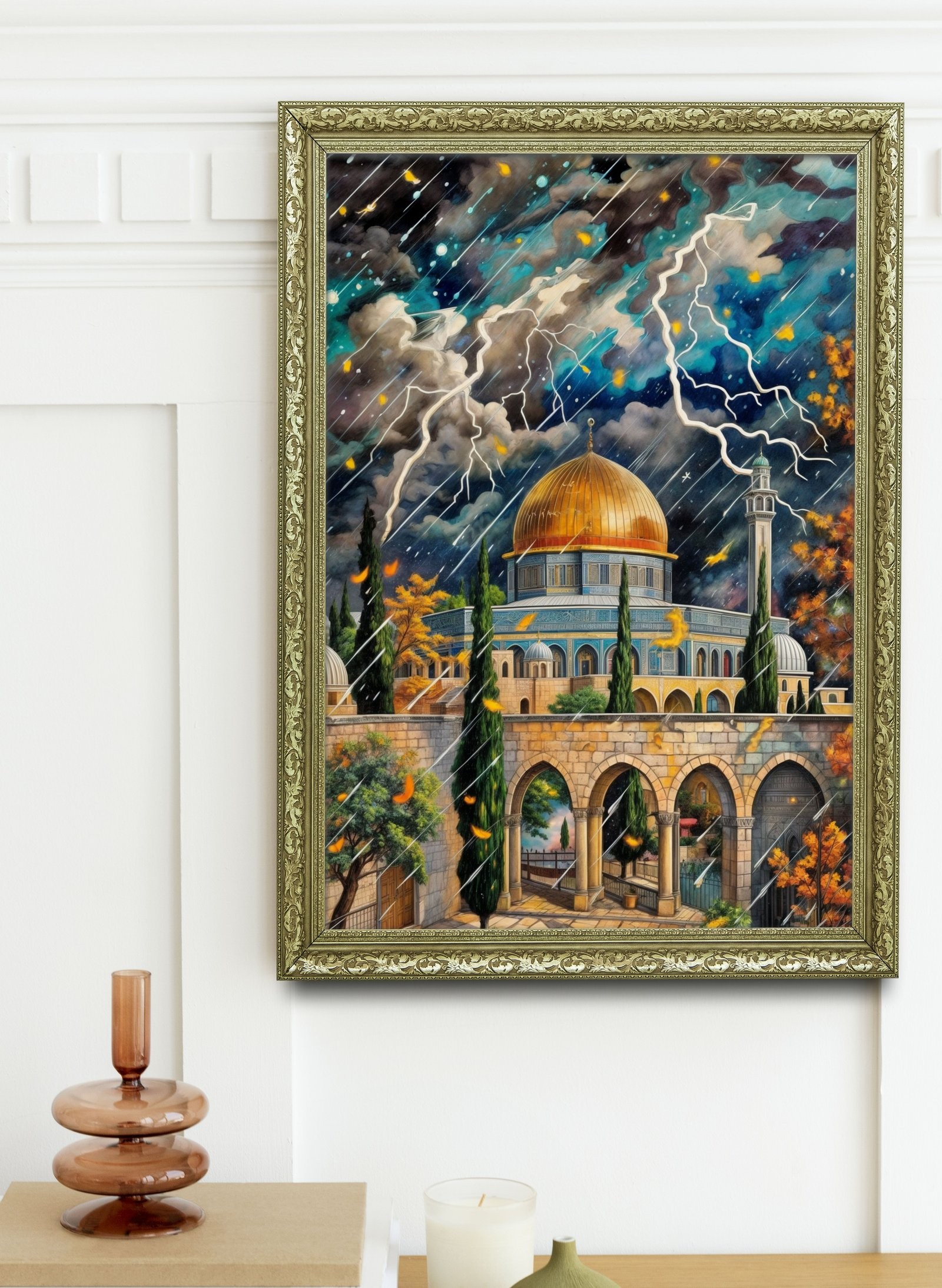 Kudüs'Ün Altın Kubbesi ve Fırtına Tarihin ve İnancın Gücü 60x80 cm Çerçeveli Tablo