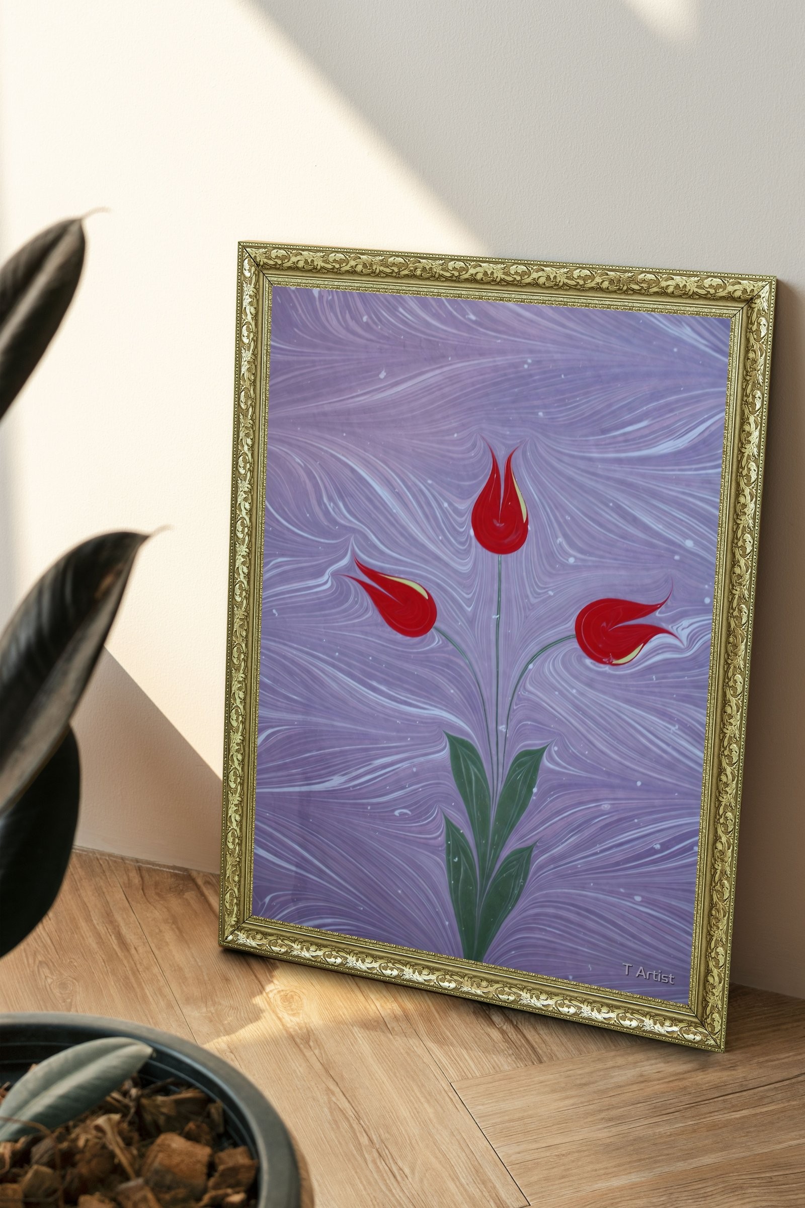 Lila Zemin Üzerinde Üç Lale Ebru 60x80 cm Çerçeveli Tablo