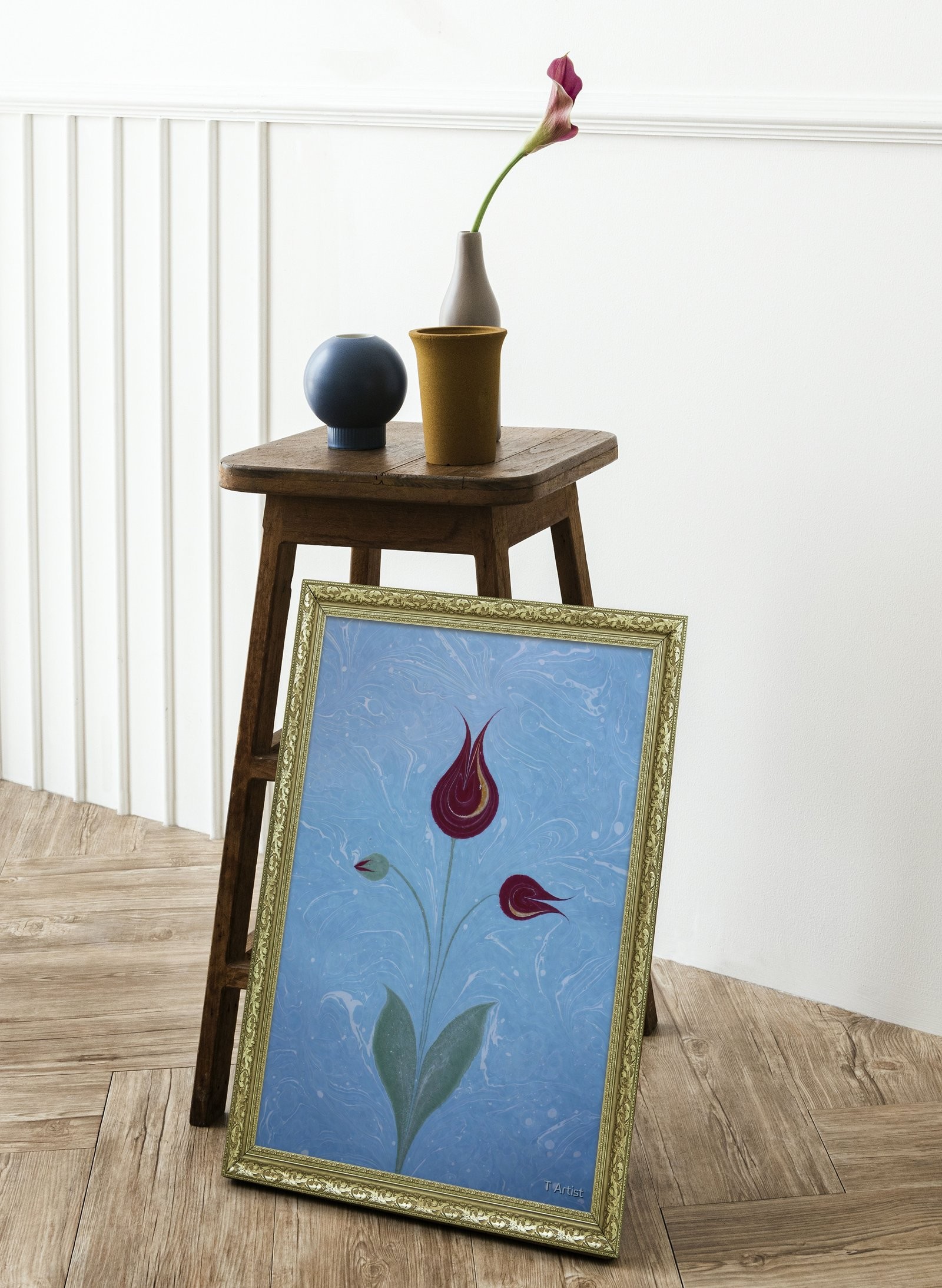 Mavi Zemin Üzerinde Bordo Laleler Ebru 60x80 cm Çerçeveli Tablo