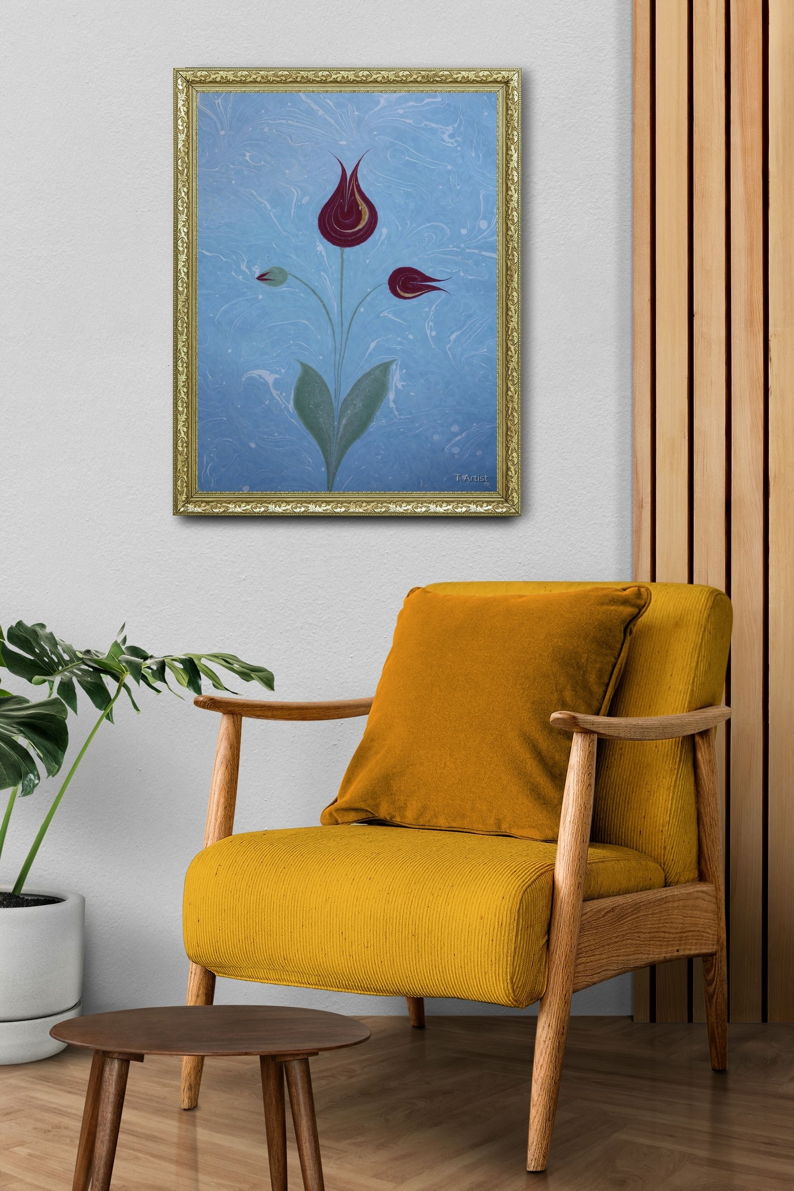 Mavi Zemin Üzerinde Bordo Laleler Ebru 60x80 cm Çerçeveli Tablo