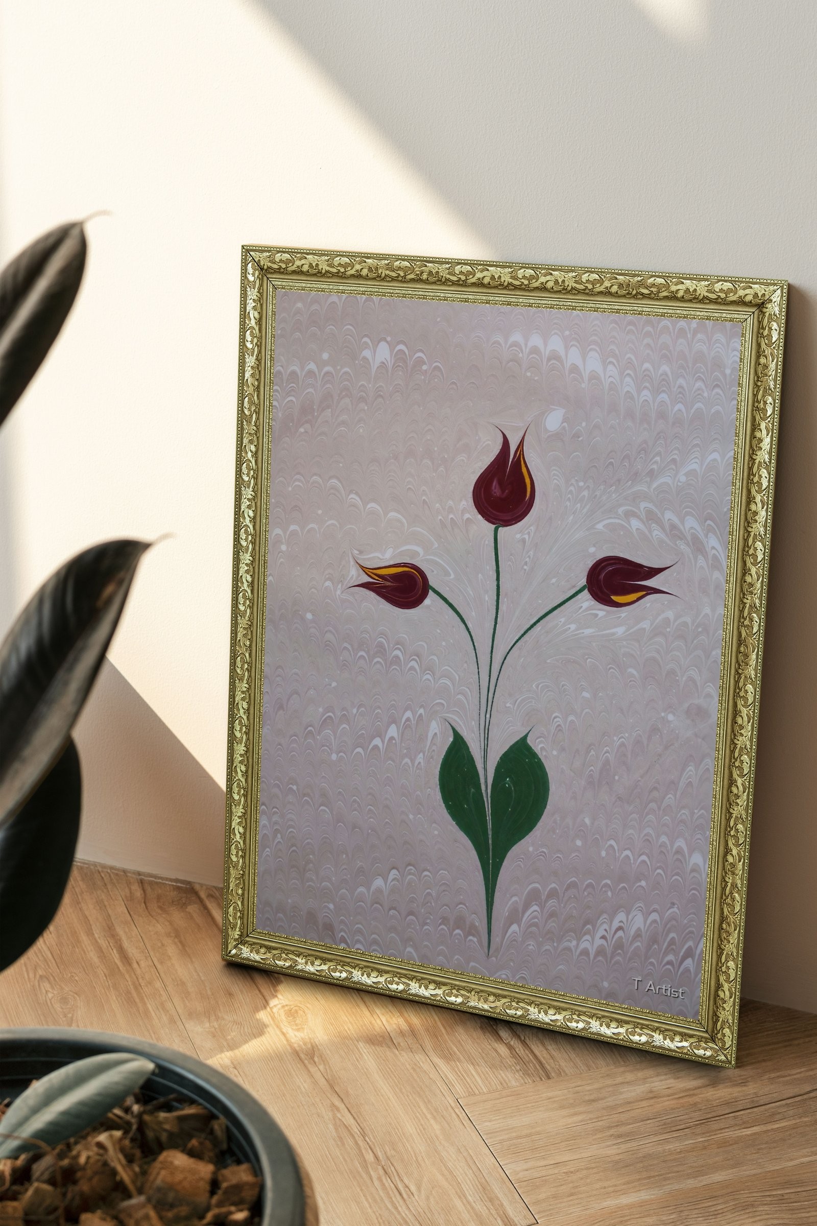 Krem Zemin Üzerinde Bordo Laleler Ebru 60x80 cm Çerçeveli Tablo