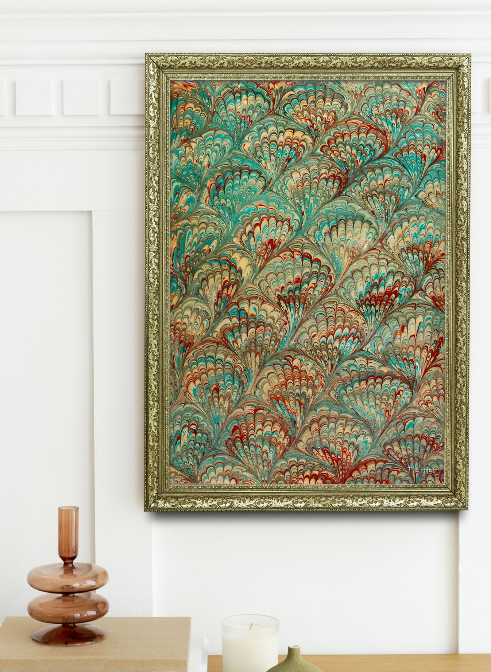 Turkuaz Damarlı Klasik Ebru 60x80 cm Çerçeveli Tablo