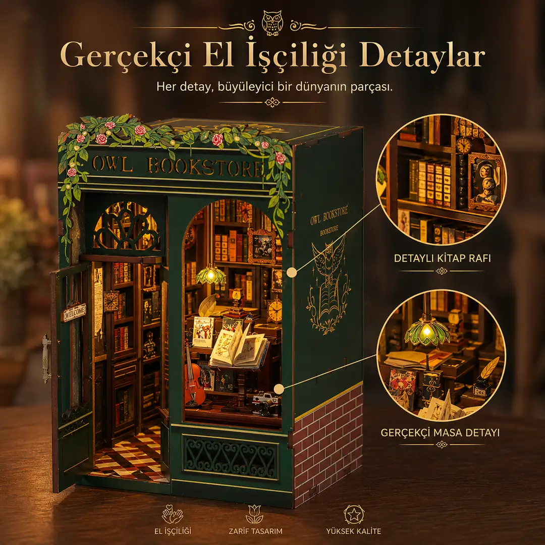 Owl Bookstore el işçiliği ve minyatür detaylar